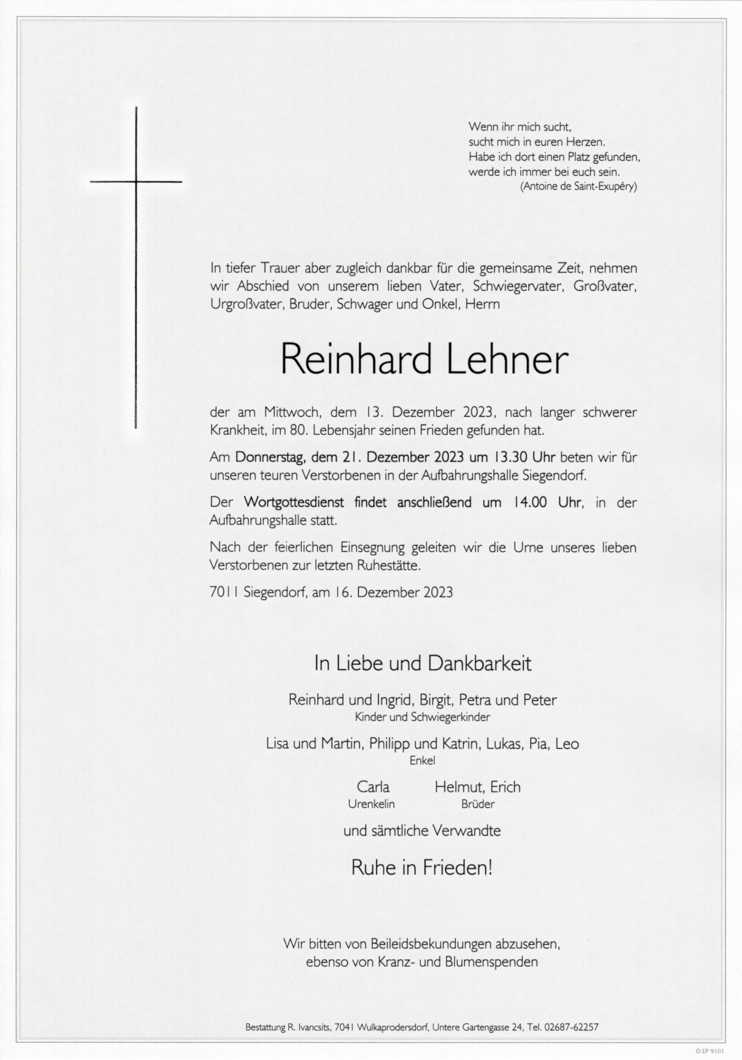 Traueranzeige von Reinhard Lehner