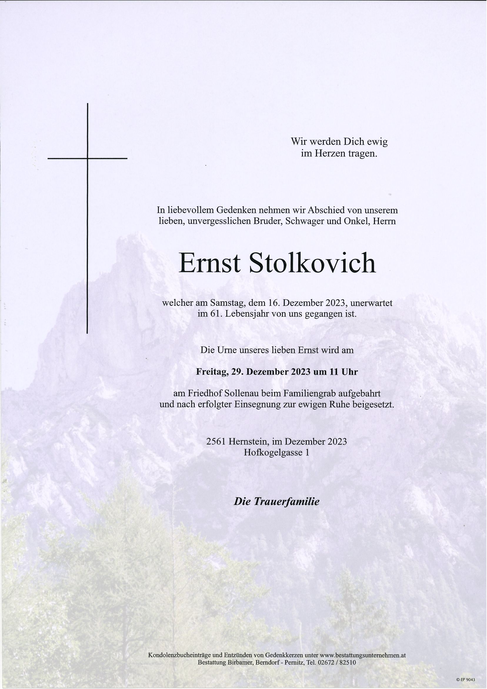 Traueranzeige von Ernst Stolkovich