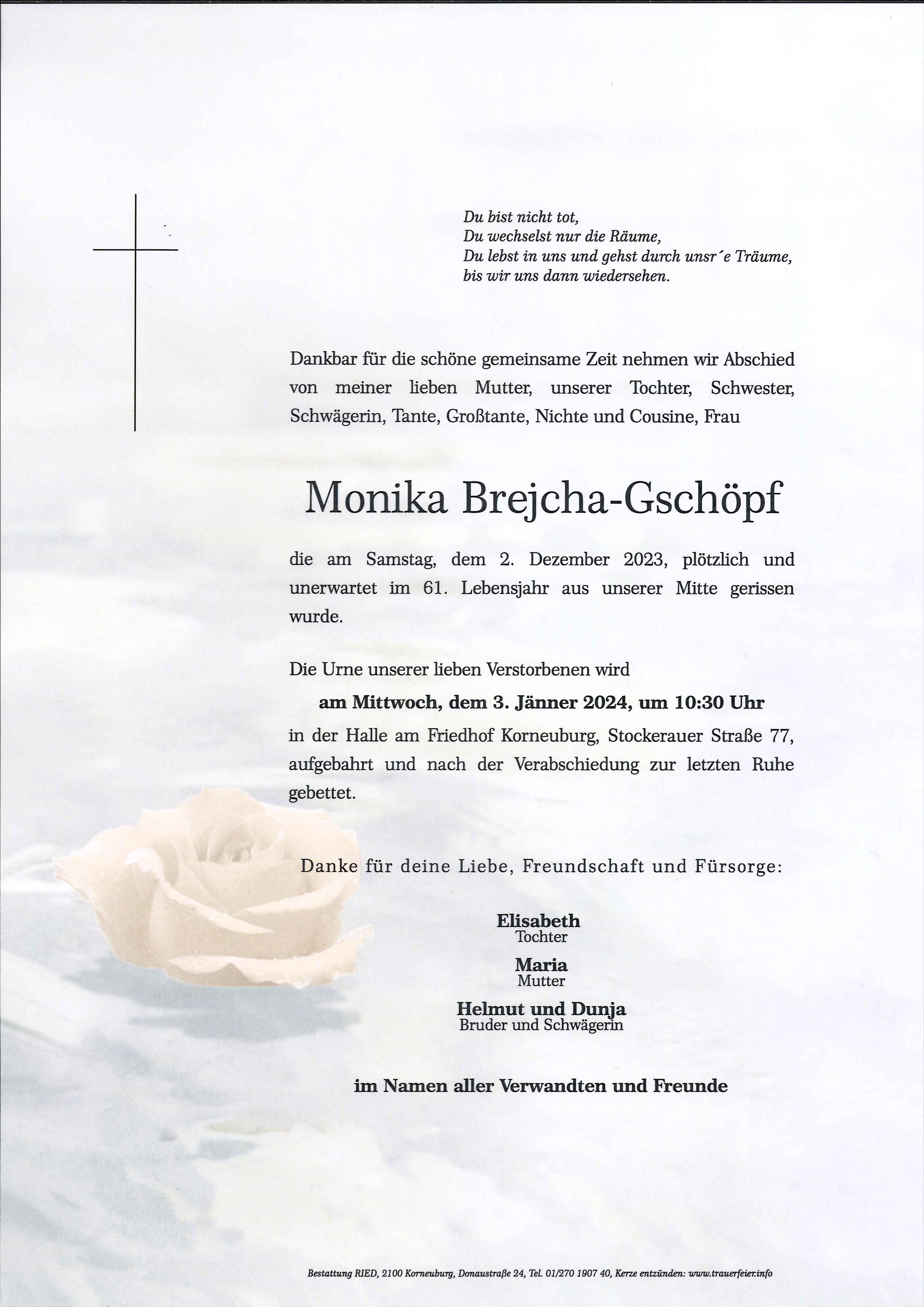Traueranzeige von Monika Brejcha-Gschöpf