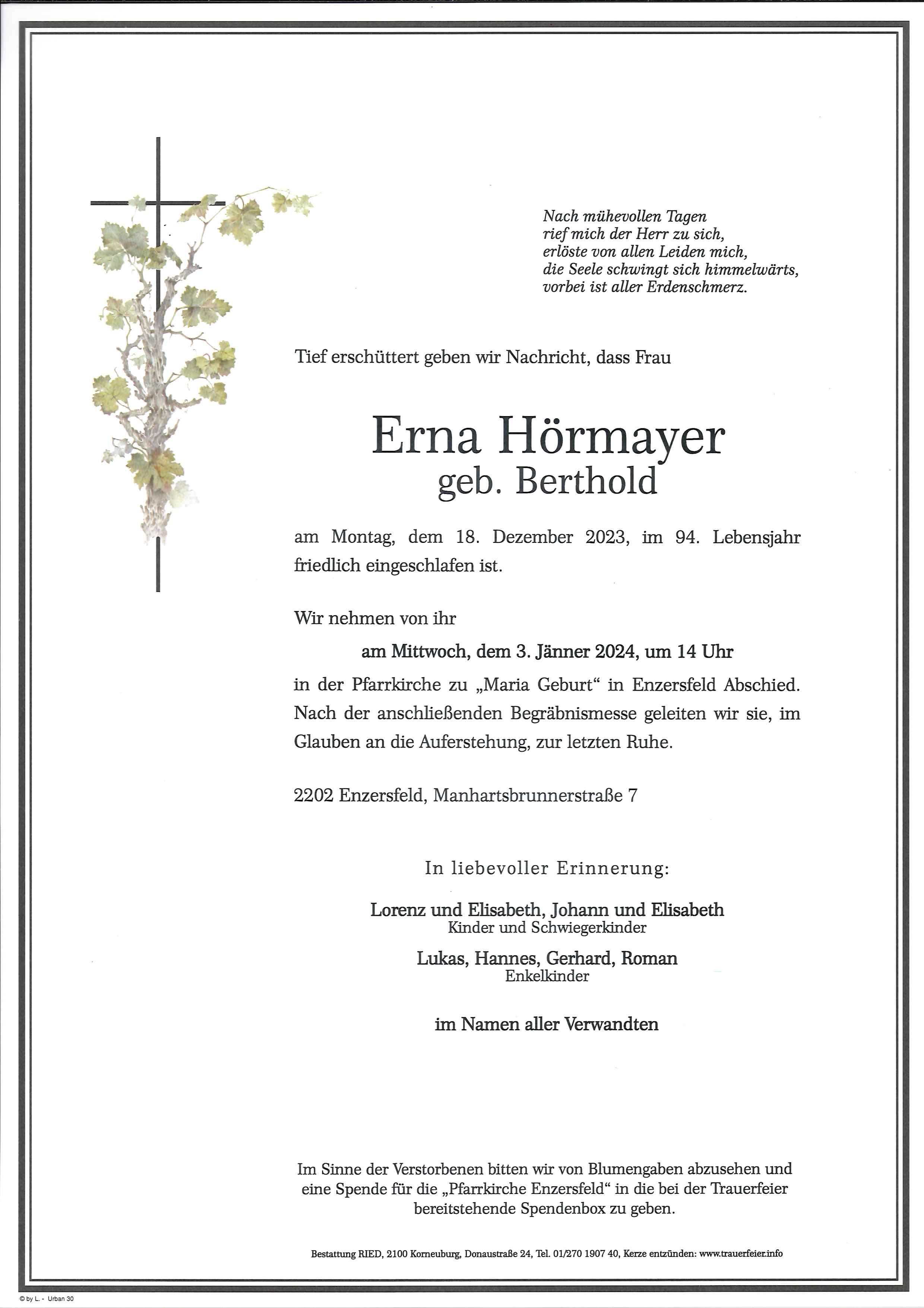 Traueranzeige von Erna Hörmayer