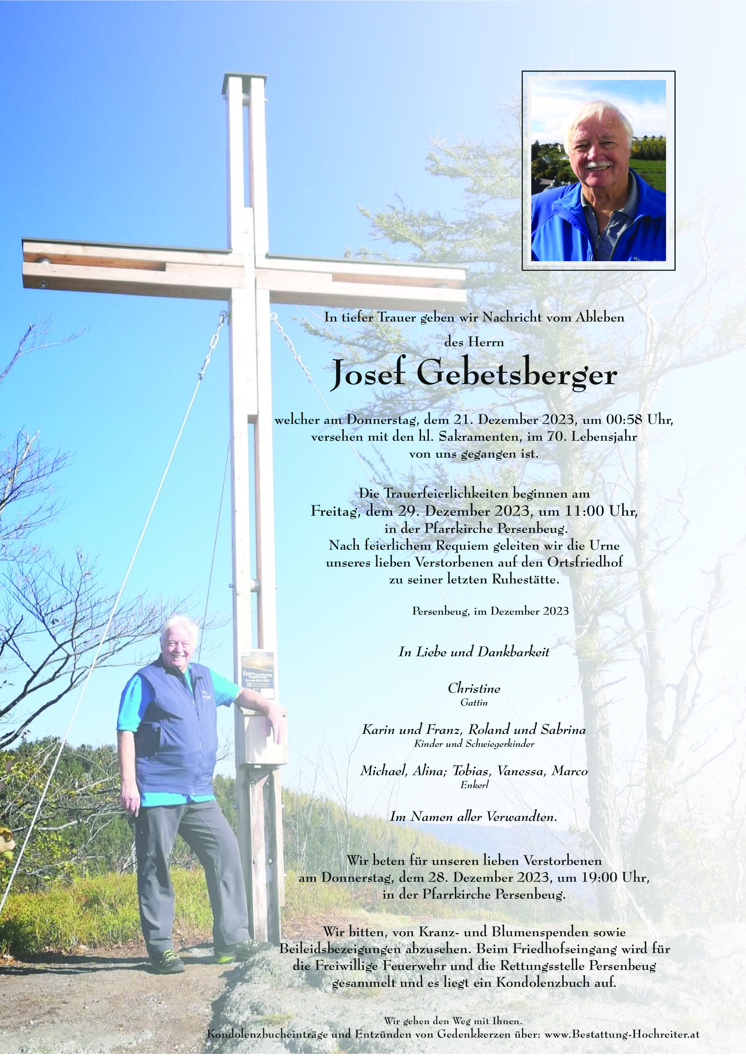 Traueranzeige von Josef Gebetsberger