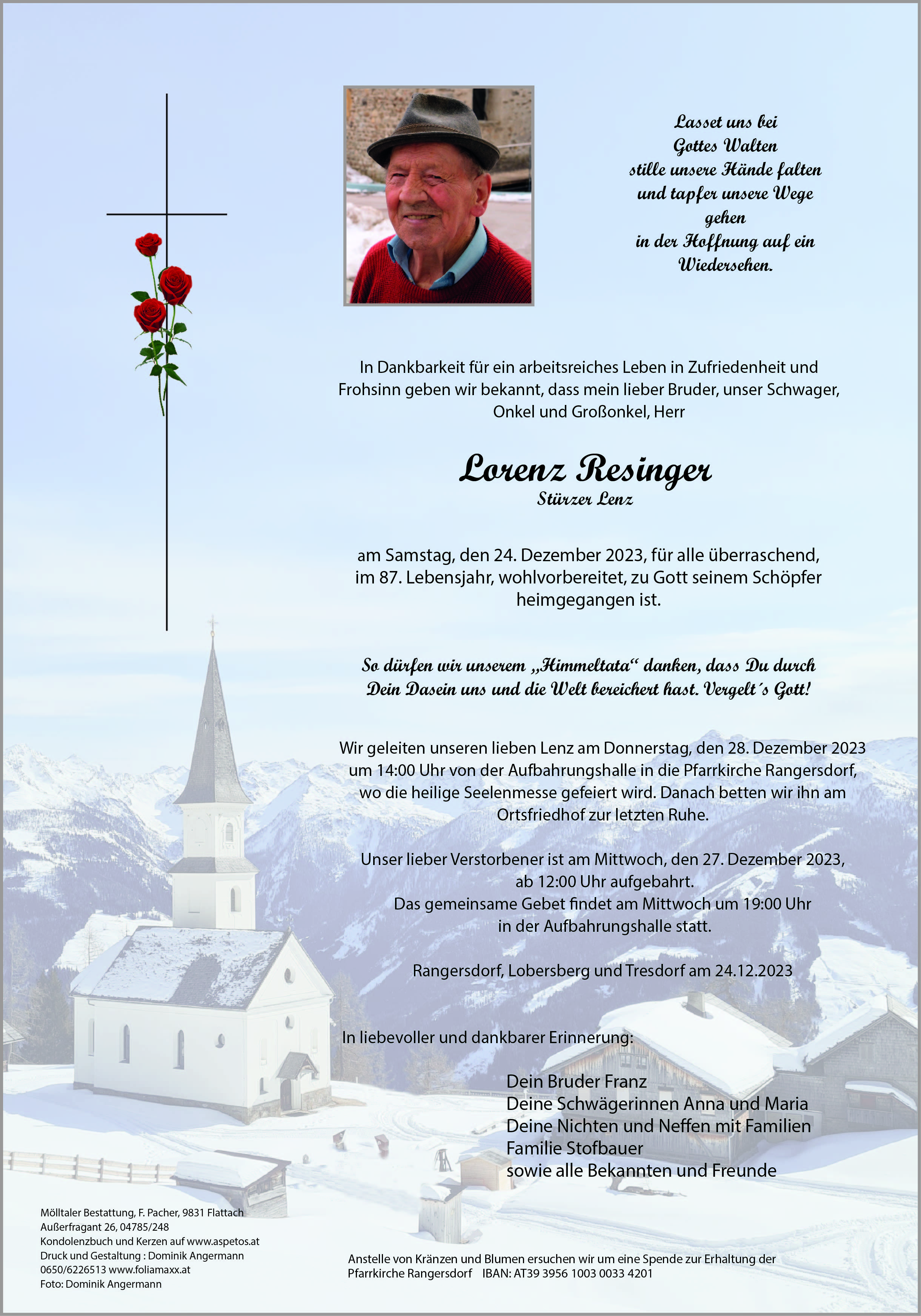 Traueranzeige von Lorenz Resinger