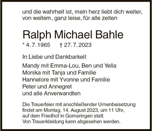 Traueranzeige von Ralph Michael Bahle