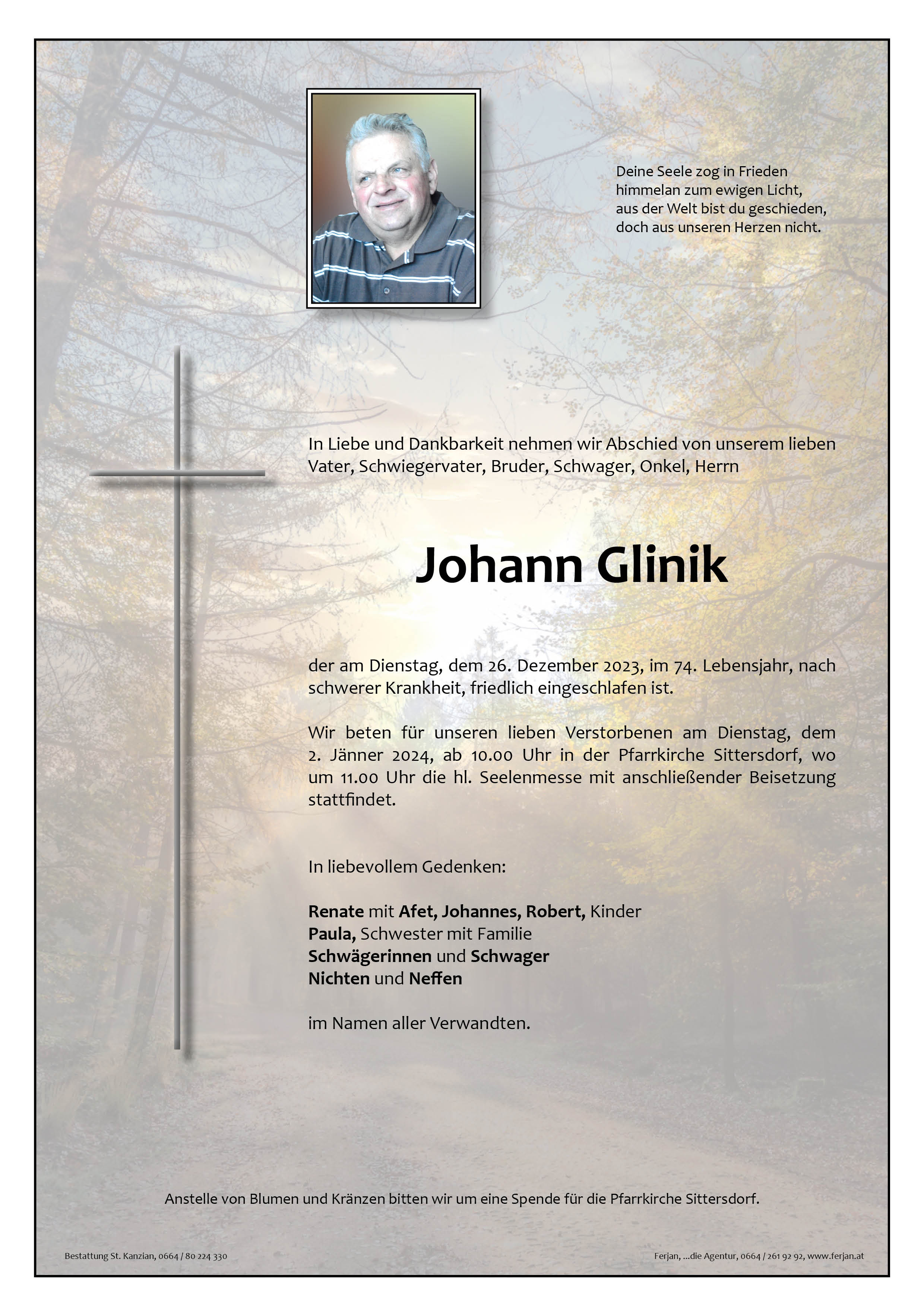 Traueranzeige von Johann Glinik