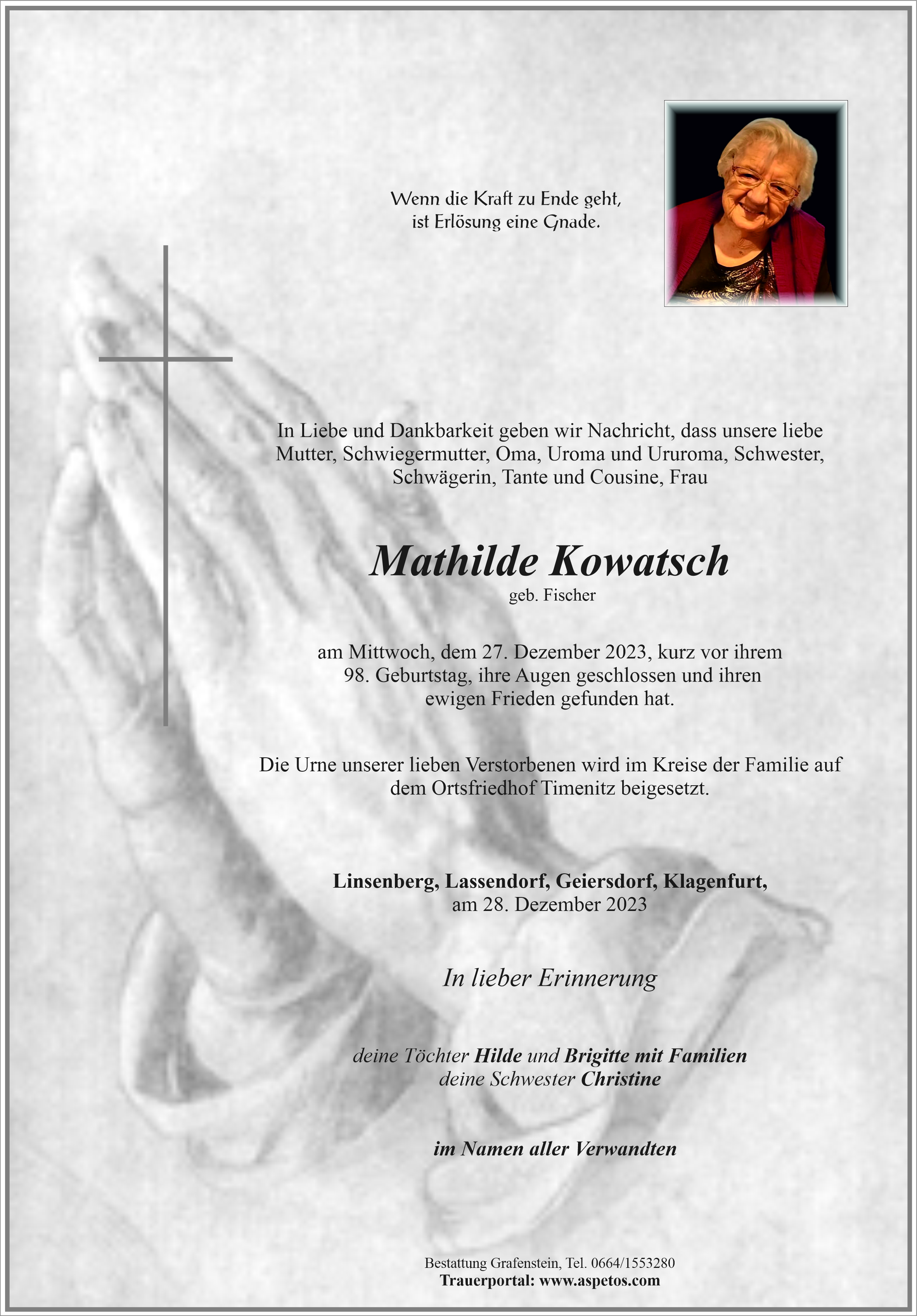 Traueranzeige von Mathilde Kowatsch