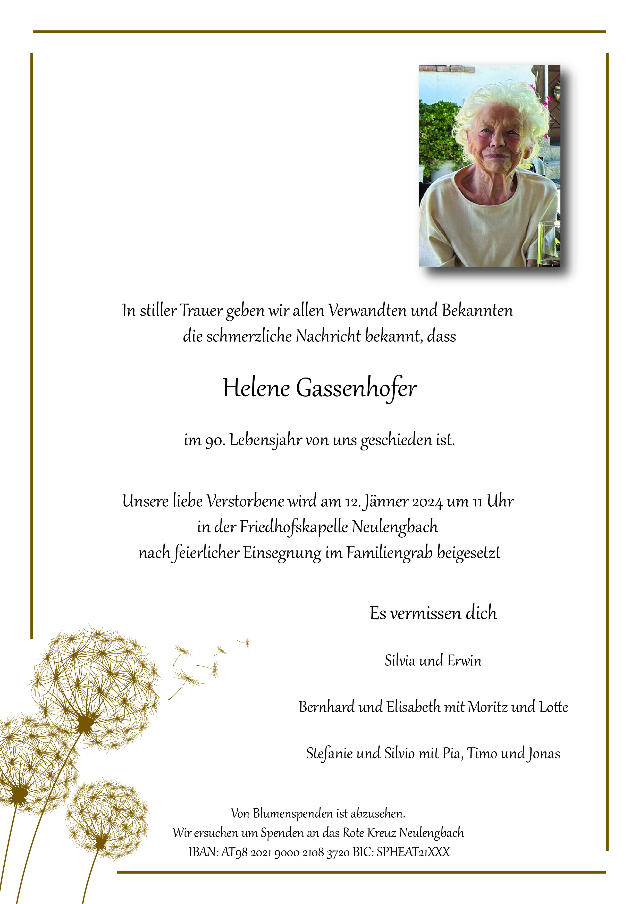Traueranzeige von Helene  Gassenhofer