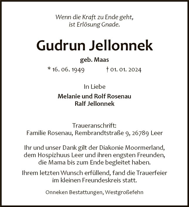 Traueranzeige von Gudrun Jellonnek