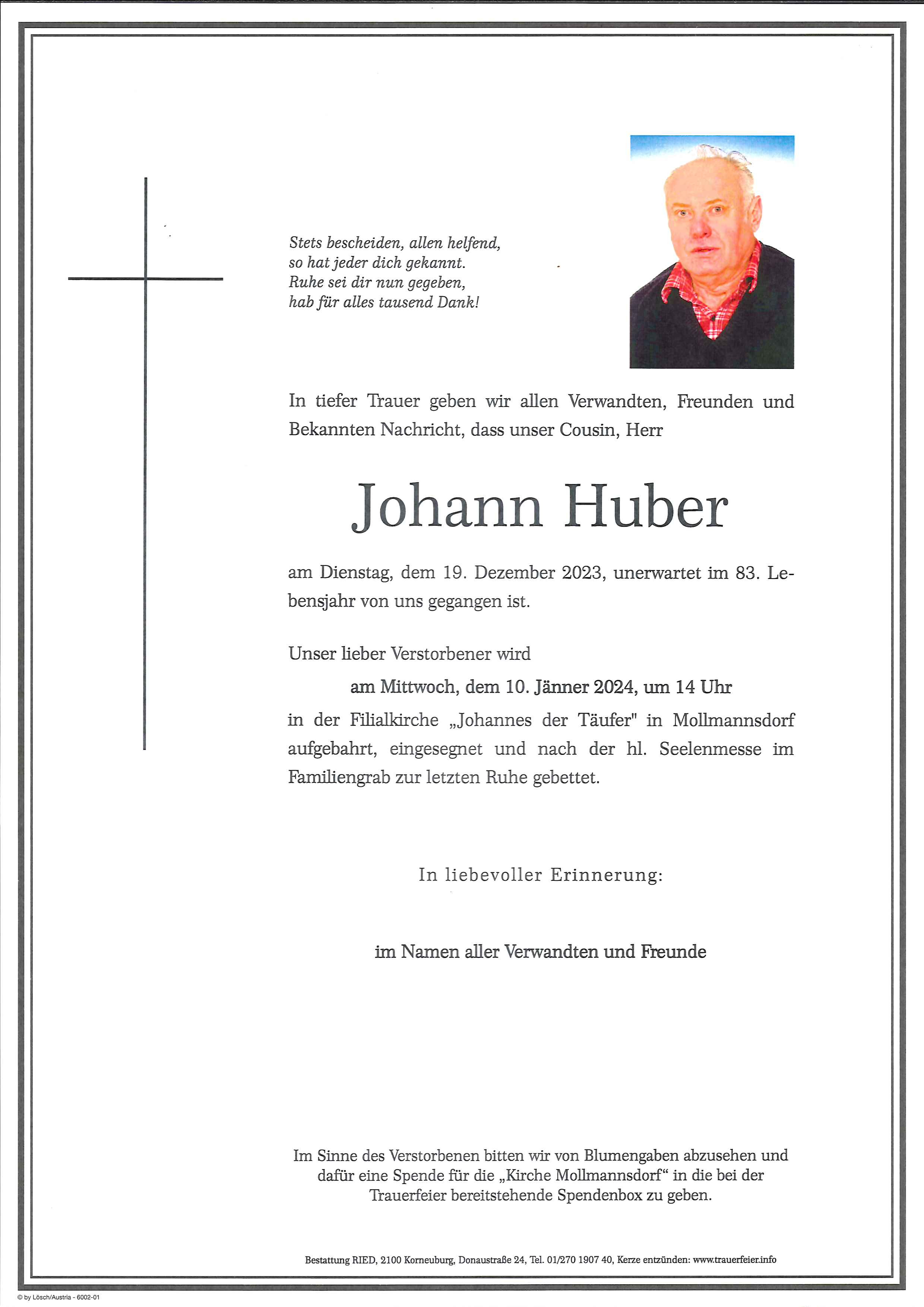 Traueranzeige von Johann  Huber