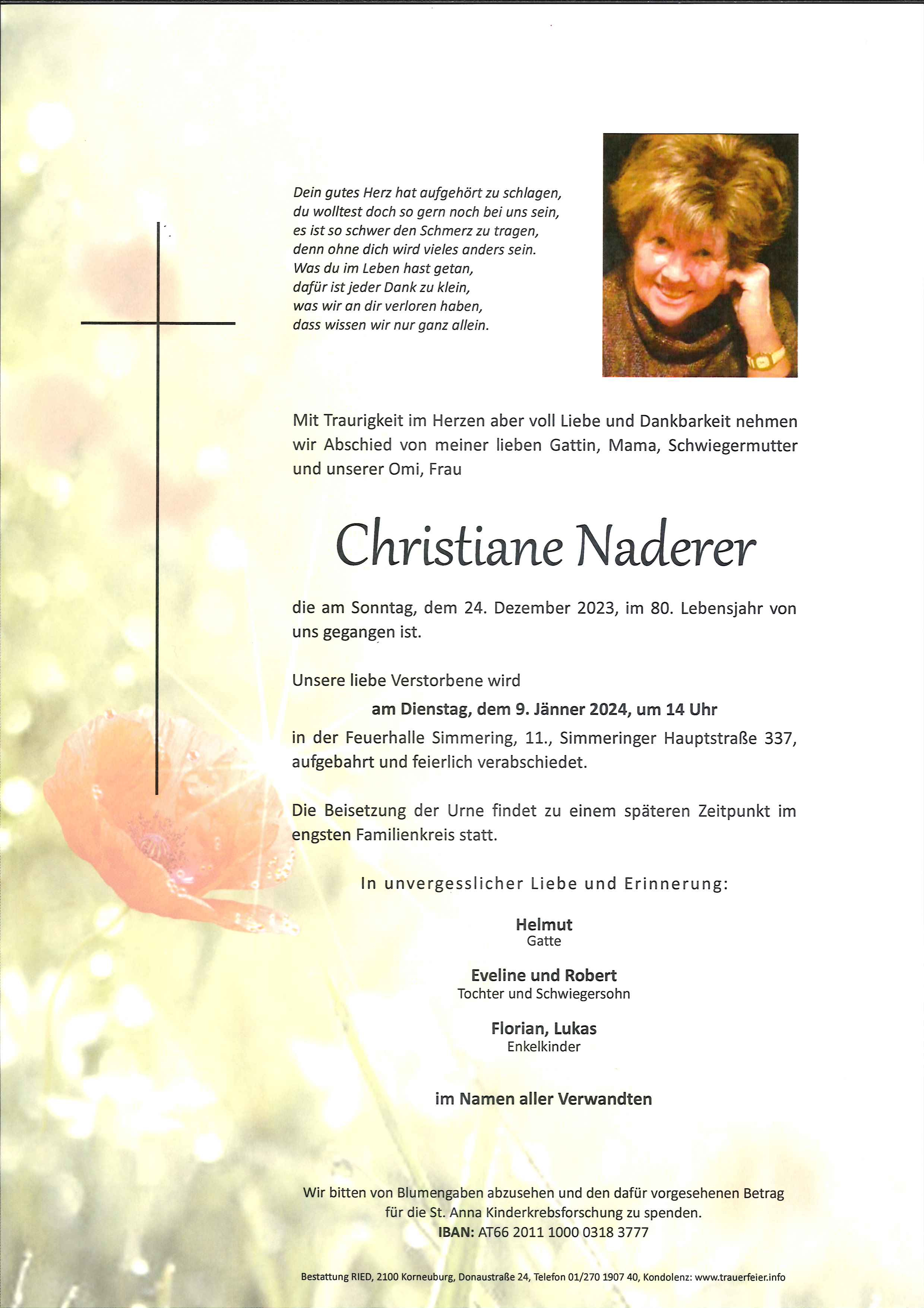 Traueranzeige von Christiane  Naderer