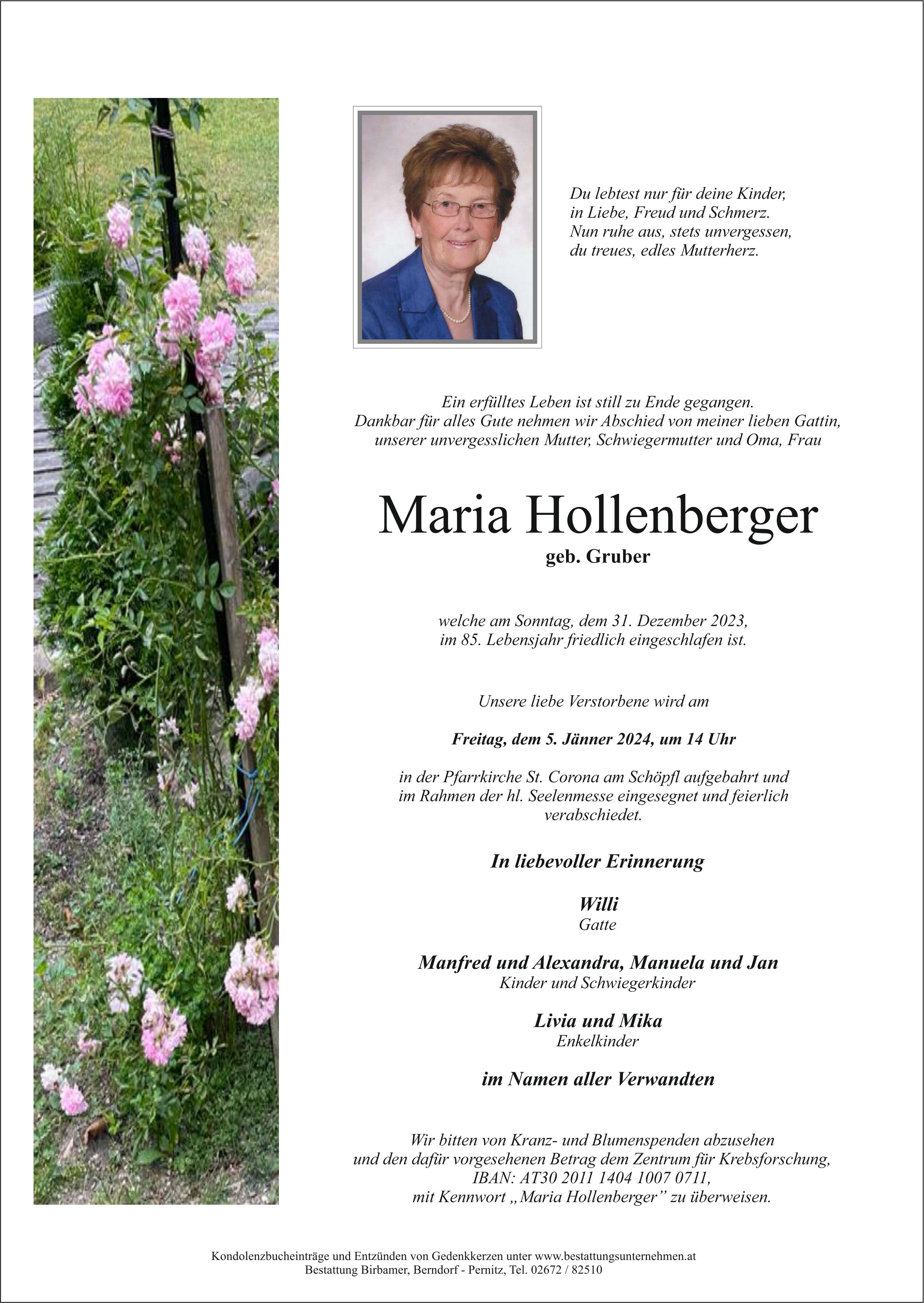Traueranzeige von Maria Hollenberger