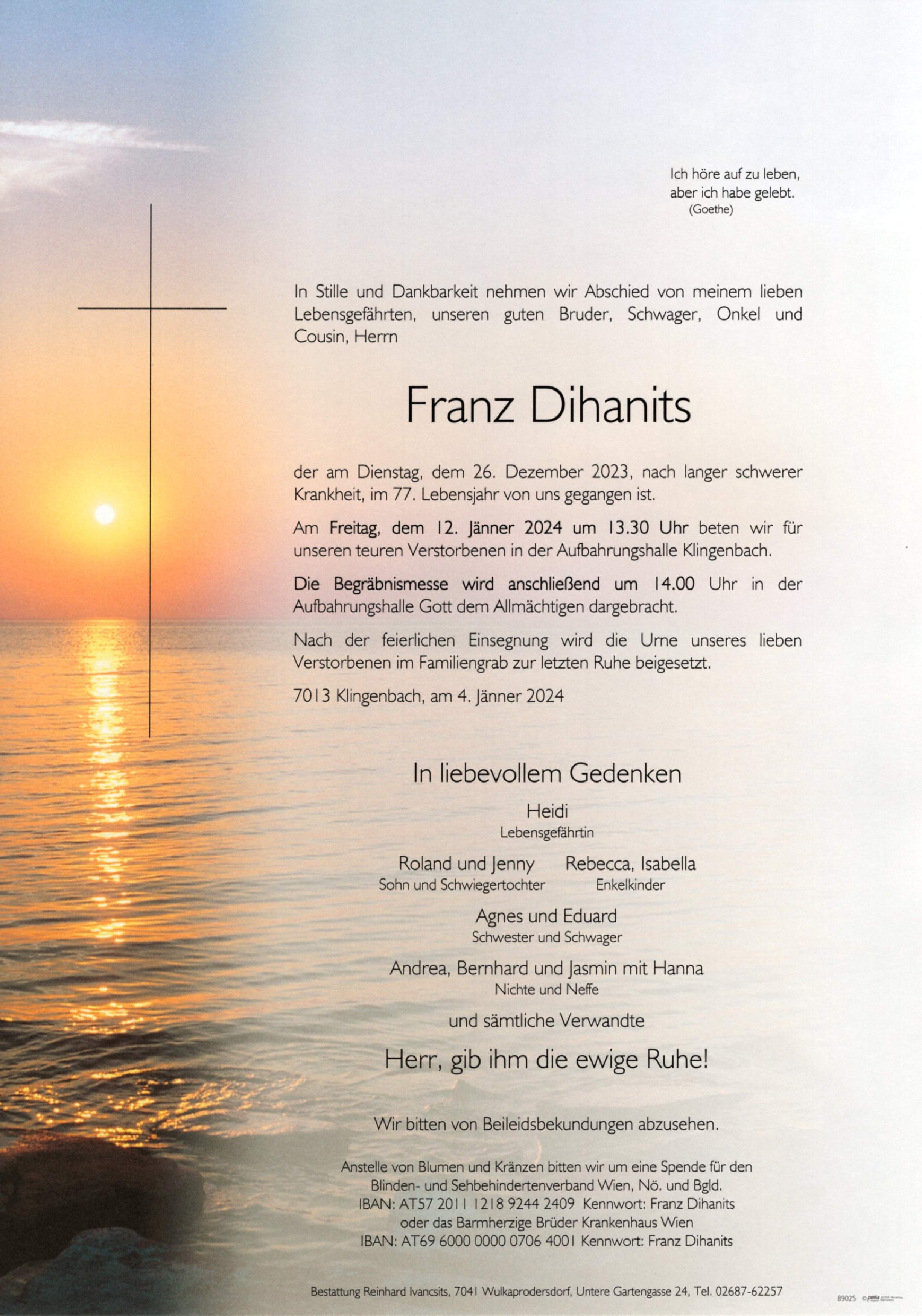Traueranzeige von Franz Dihanits