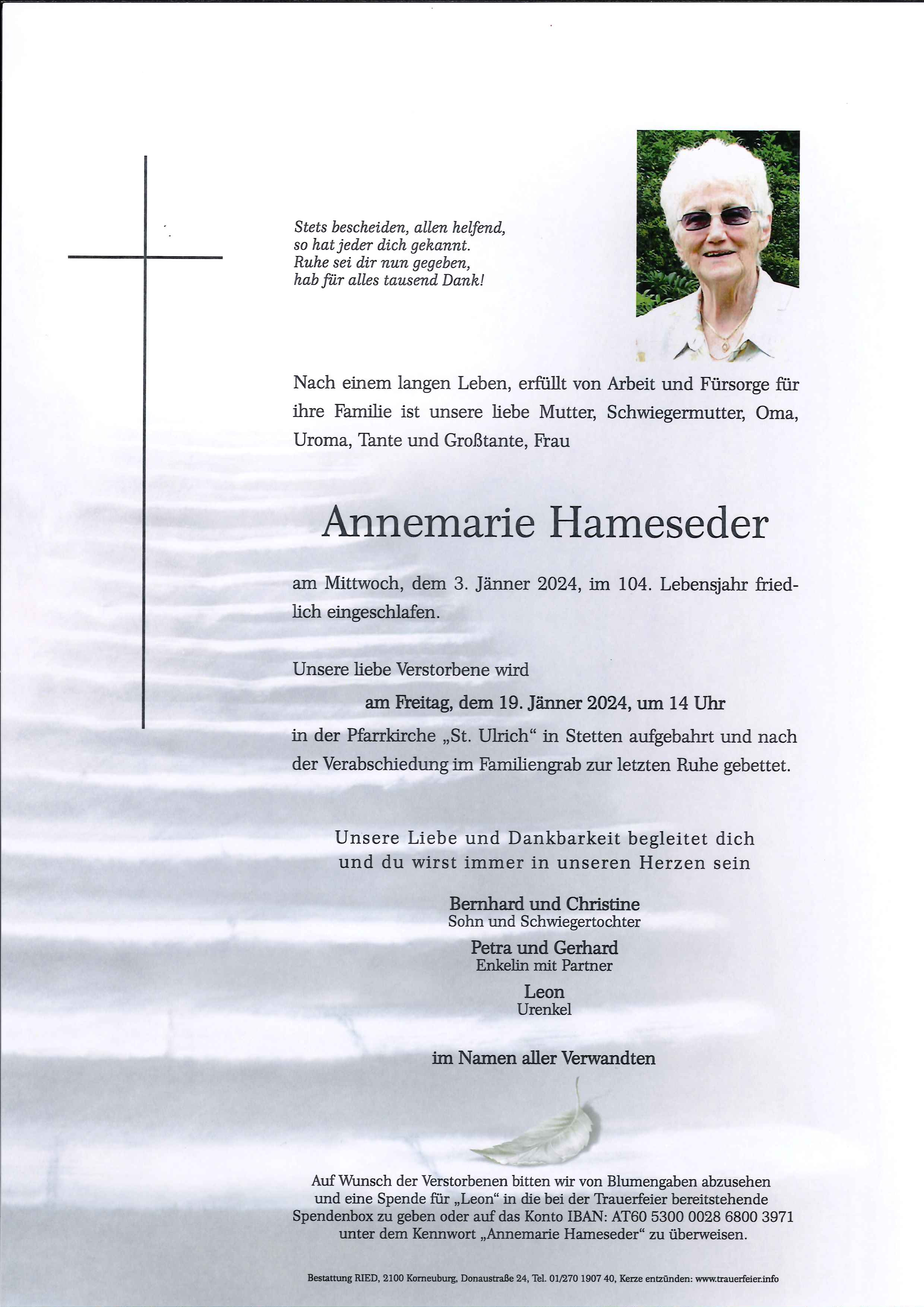 Traueranzeige von Annemarie Hameseder
