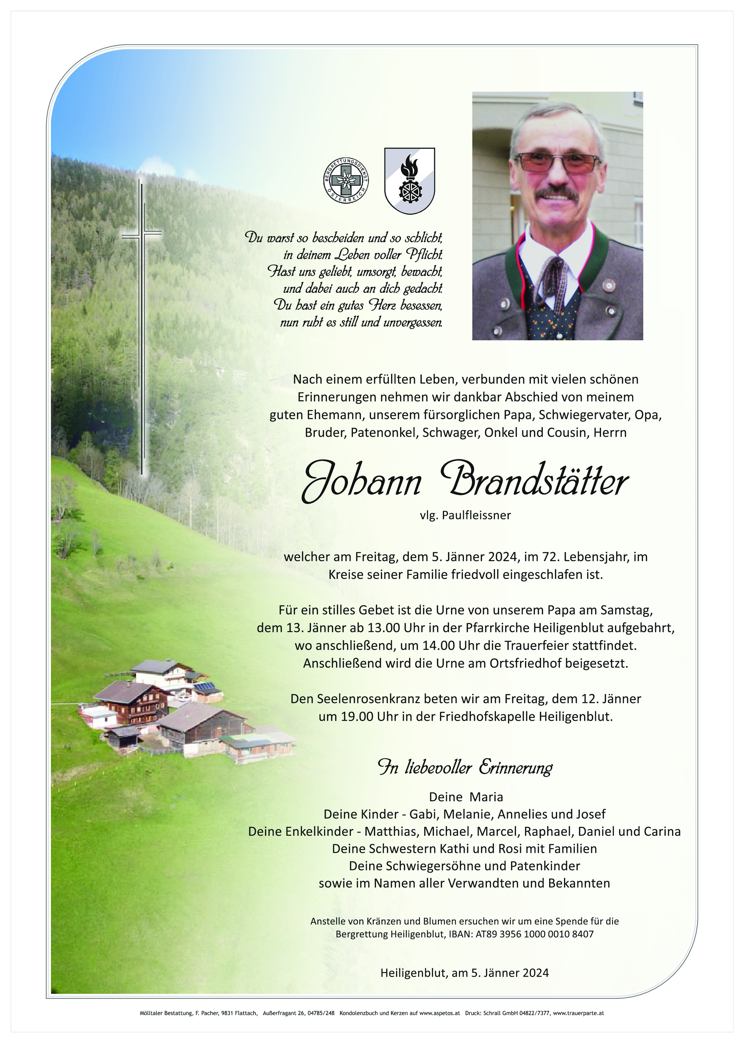 Traueranzeige von Johann Brandstätter