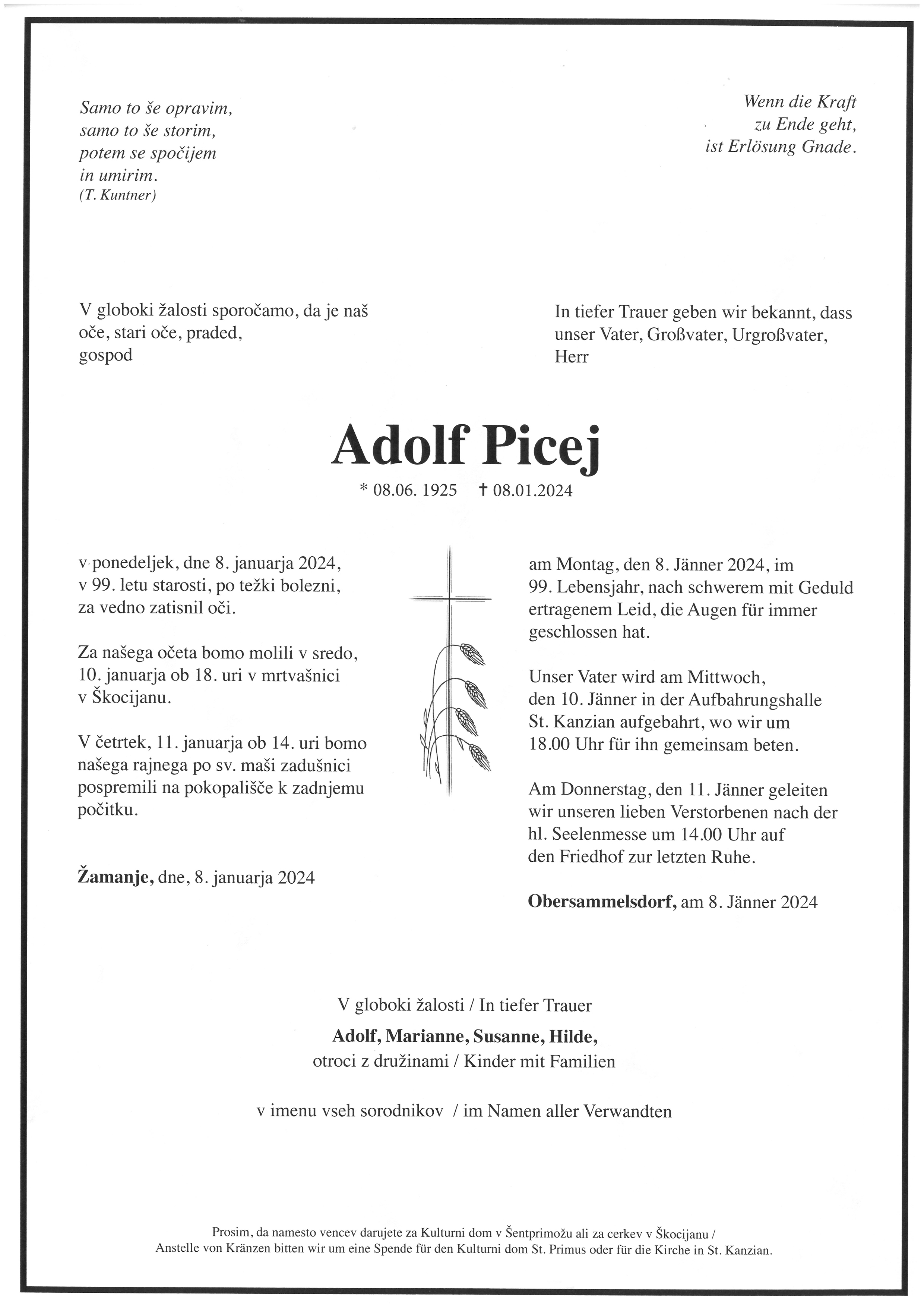 Traueranzeige von Adolf Picej
