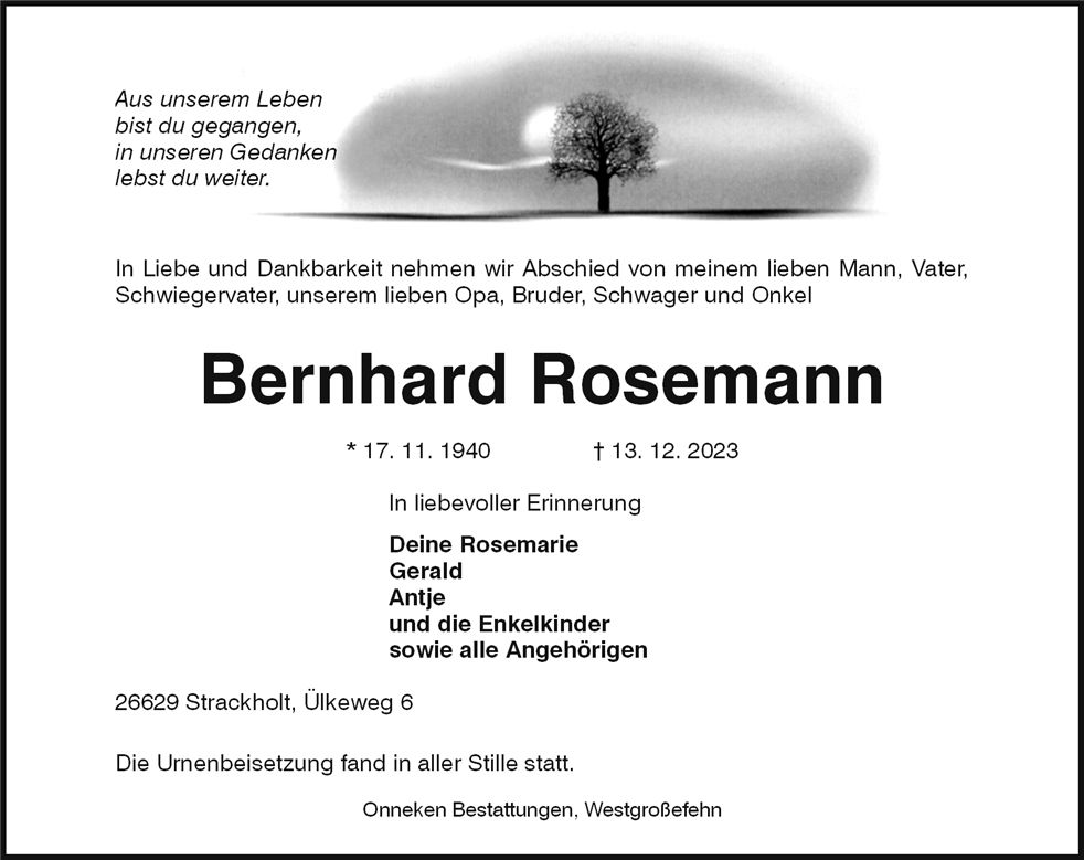 Traueranzeige von Bernhard Rosemann
