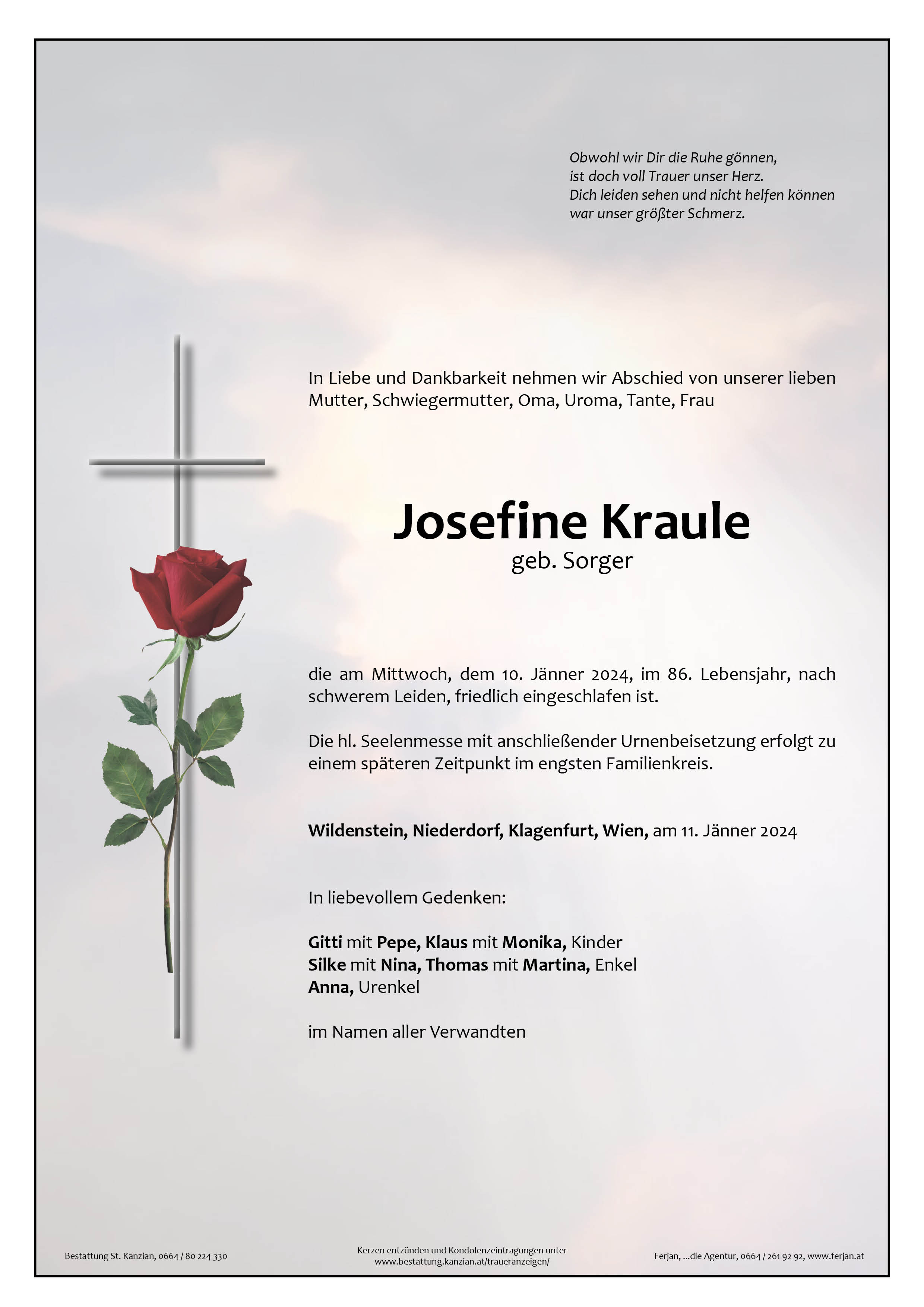 Traueranzeige von Josefine Kraule