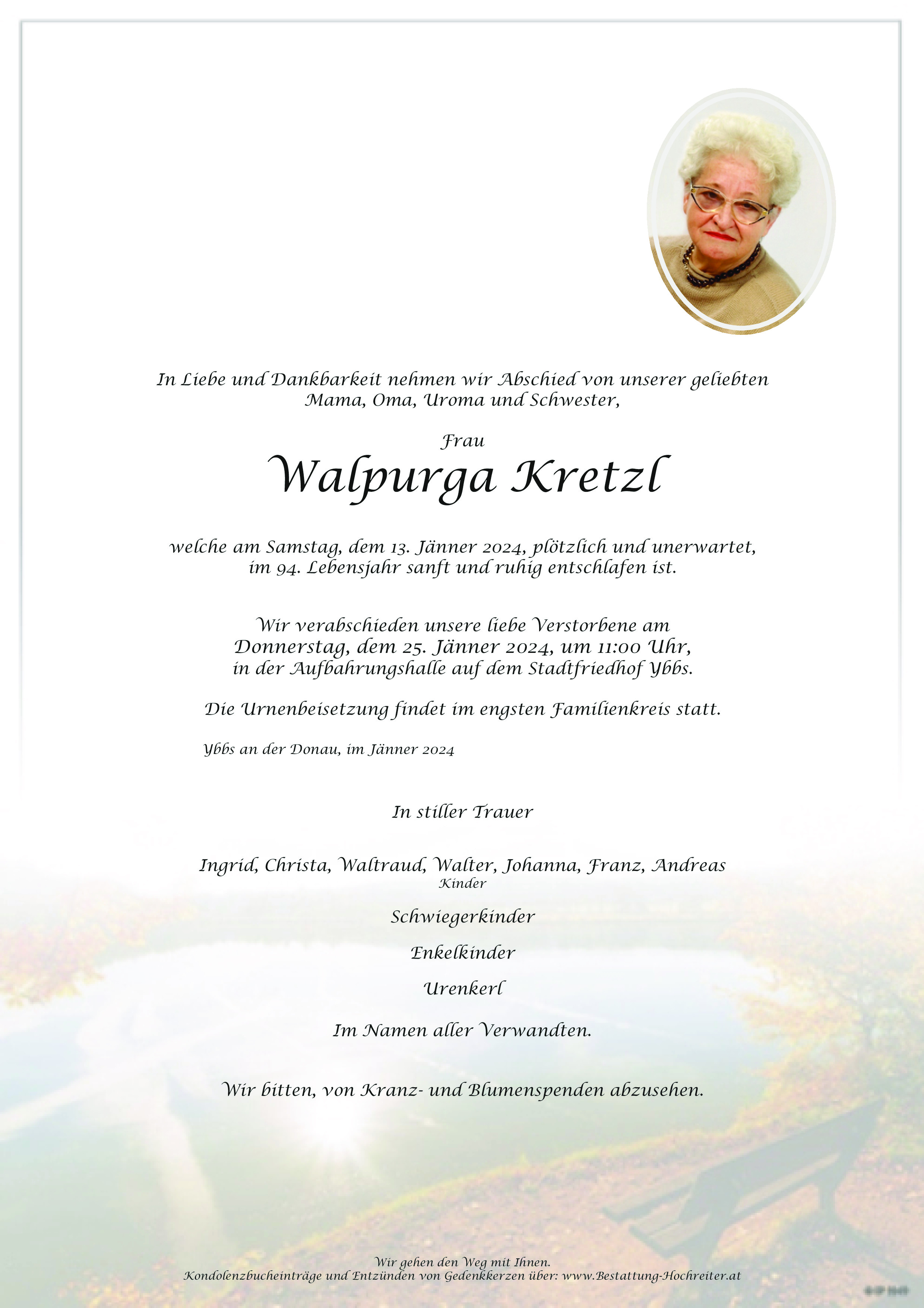 Traueranzeige von Walpurga Kretzl