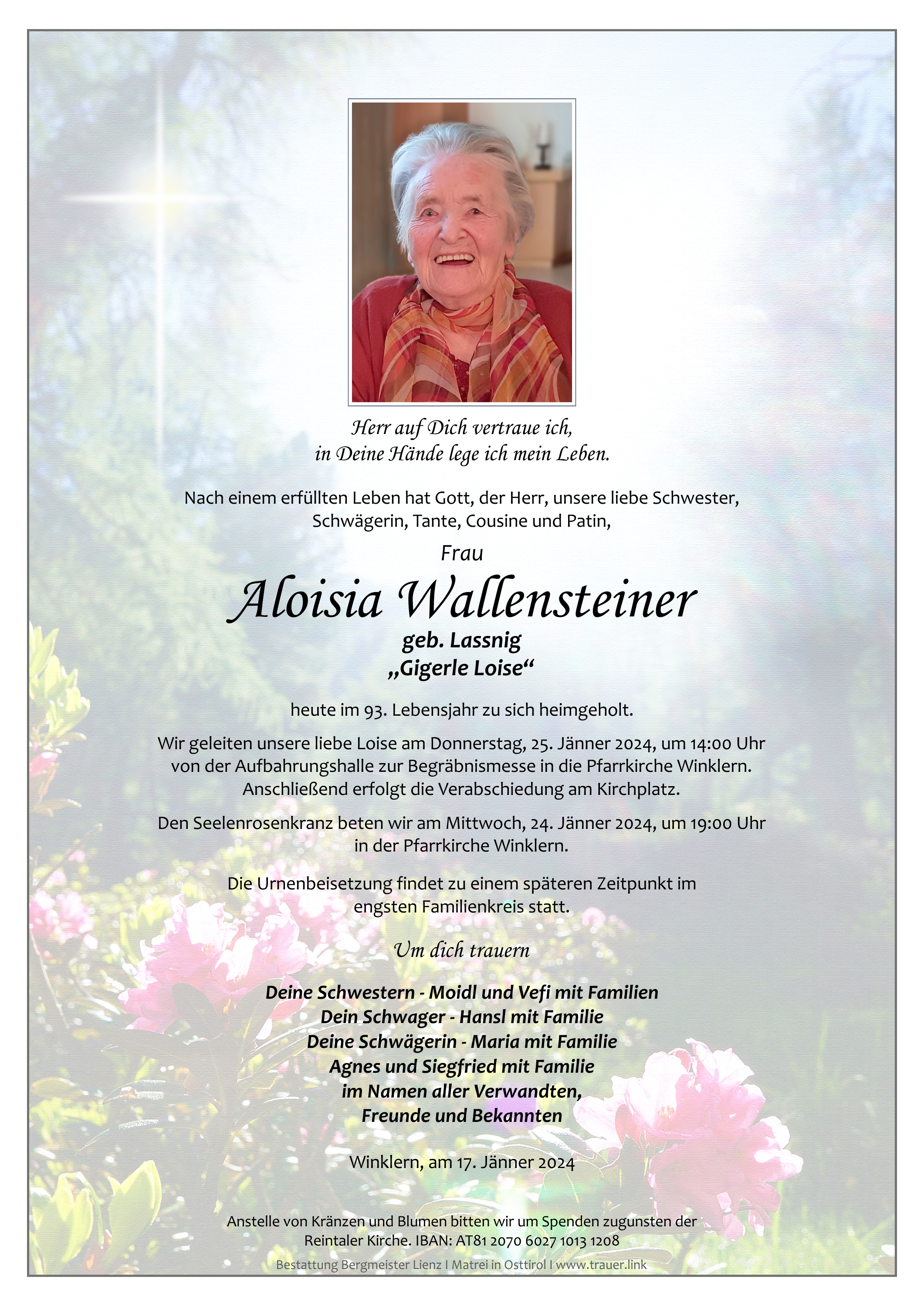 Traueranzeige von Aloisia Wallensteiner