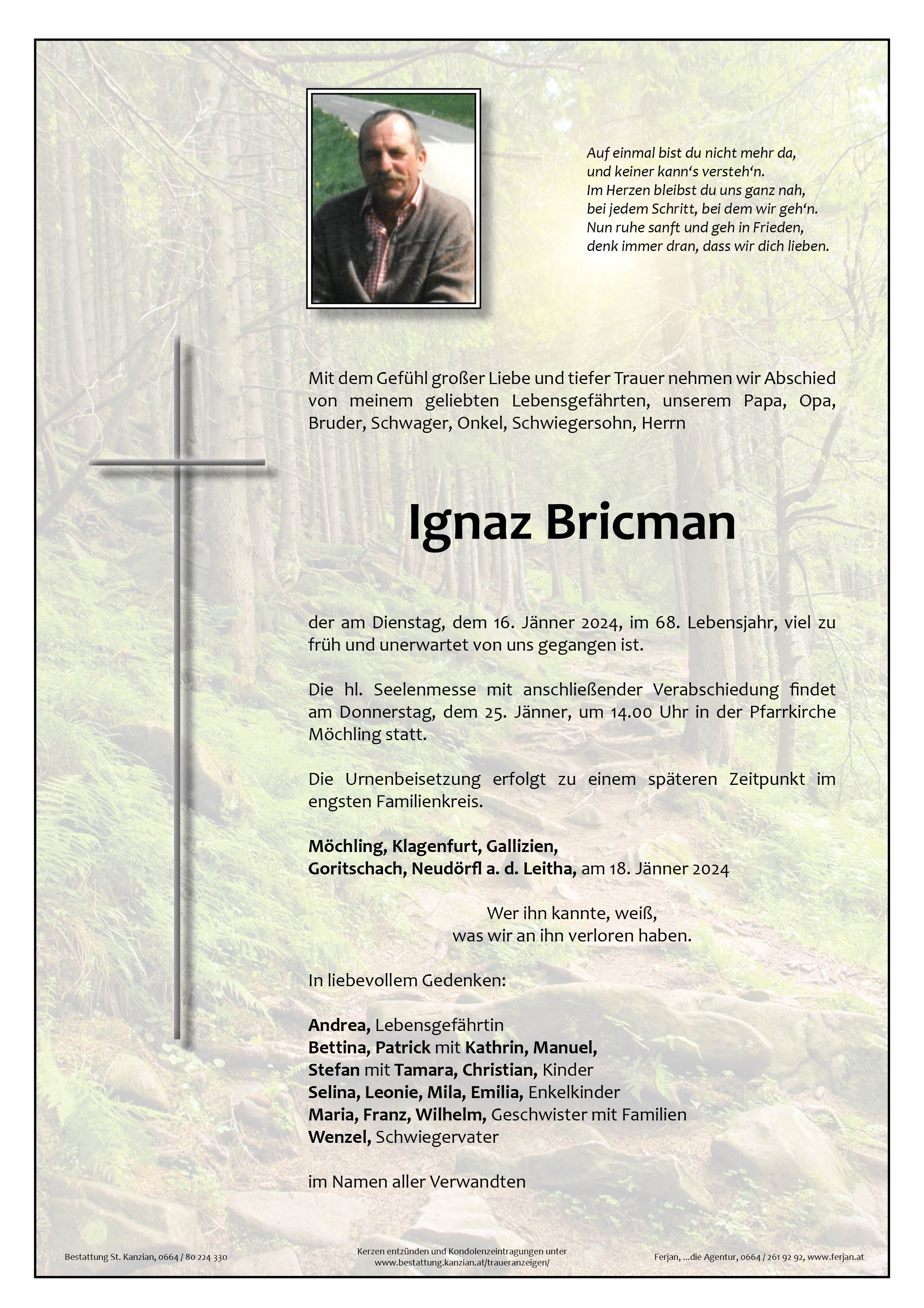 Traueranzeige von Ignaz Bricman