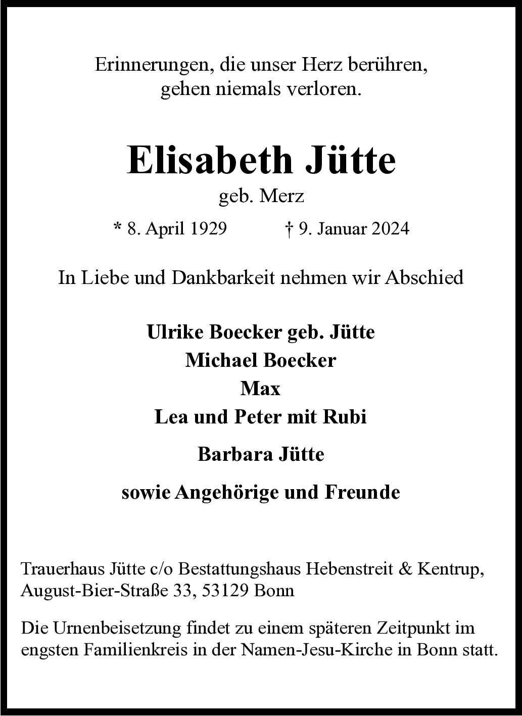 Traueranzeige von Elisabeth Jütte
