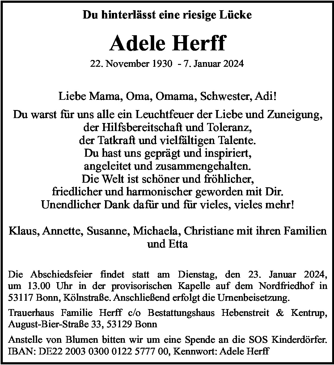 Traueranzeige von Adele Herff