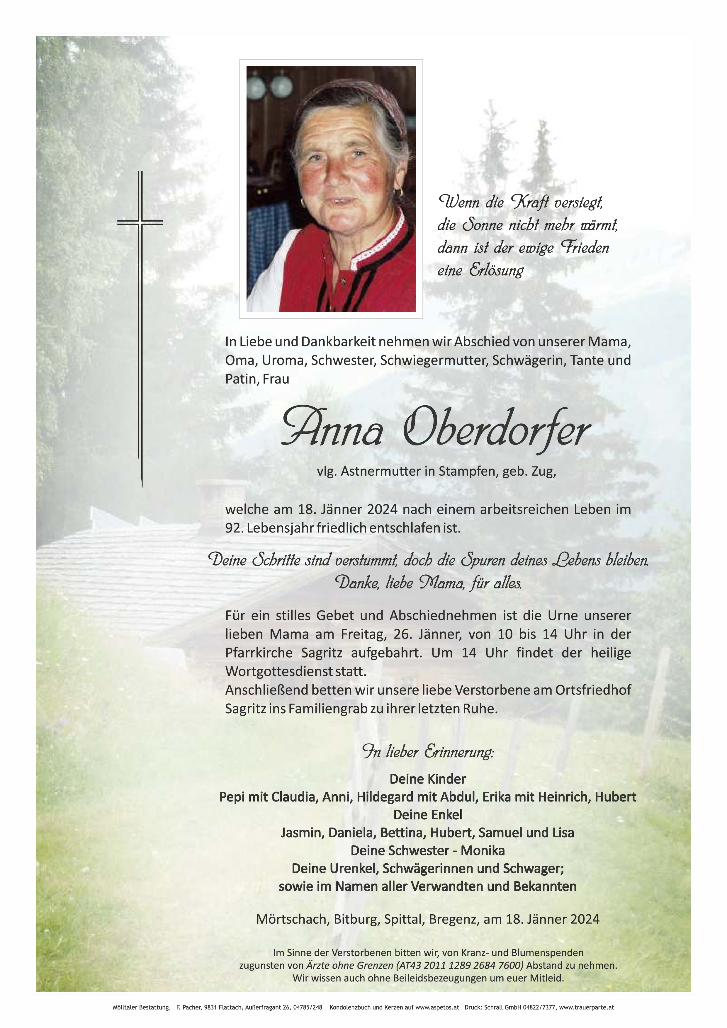 Traueranzeige von Oberdorfer Anna