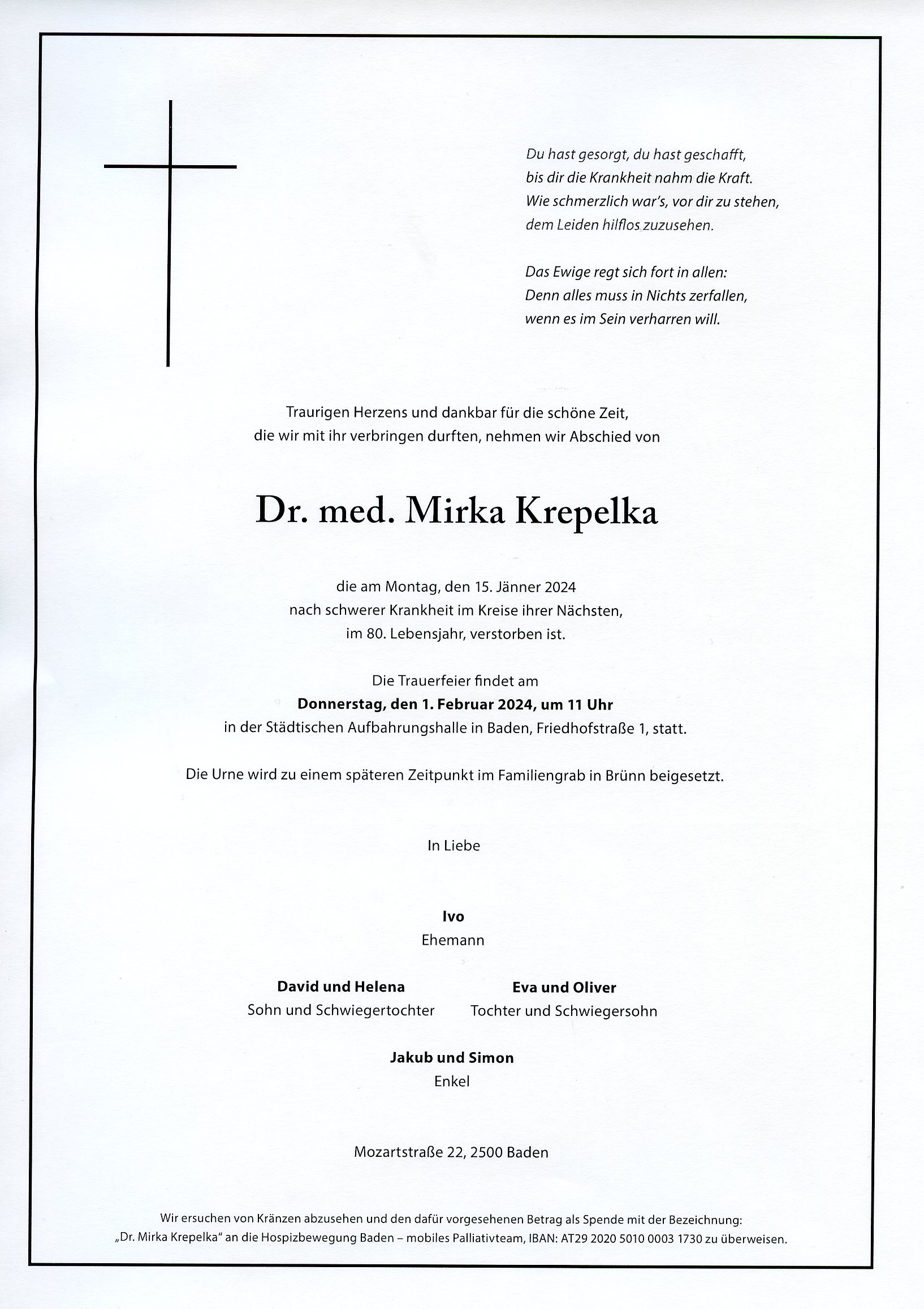 Traueranzeige von Dr. med. Mirka Krepelka