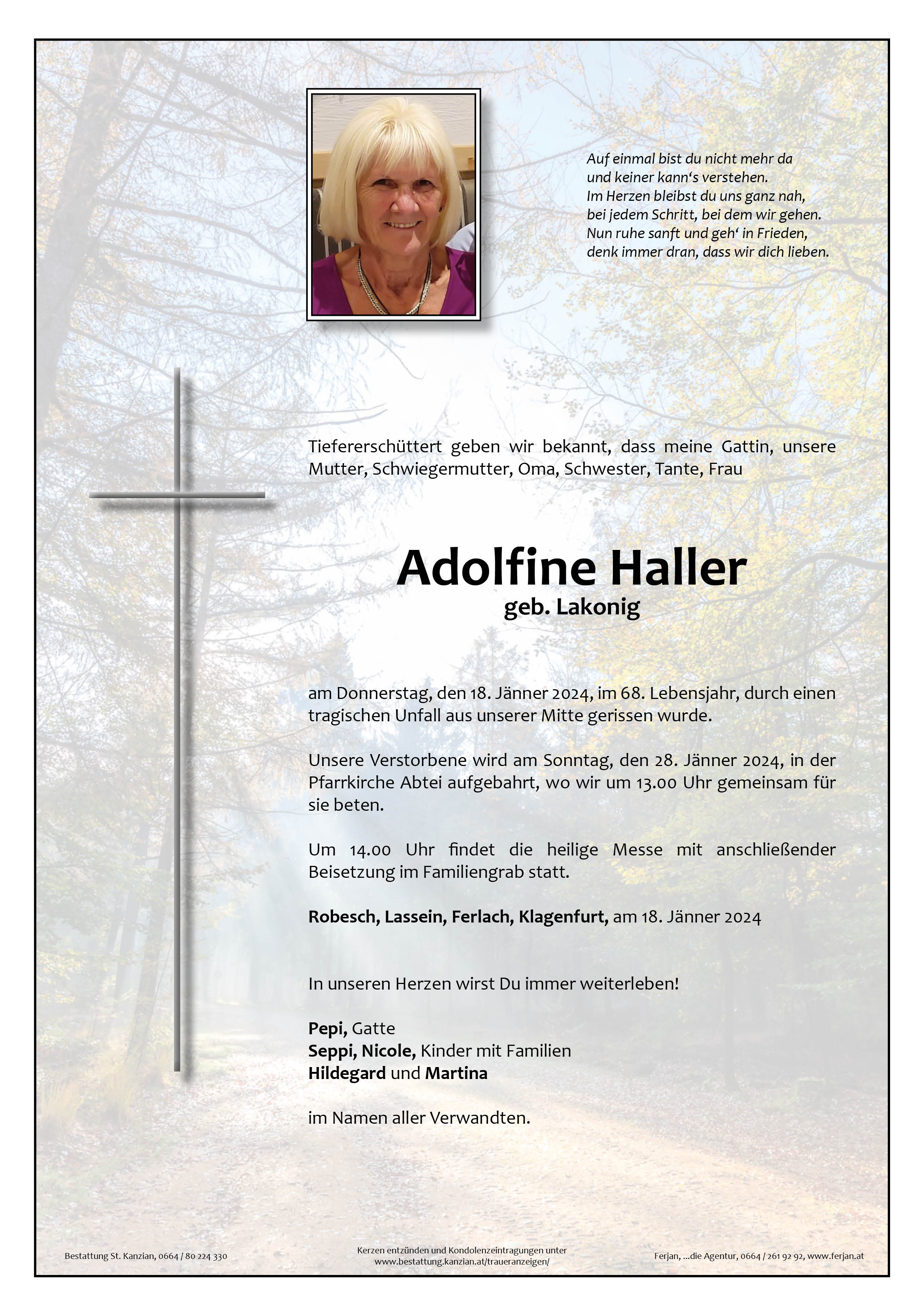 Traueranzeige von Adolfine Haller