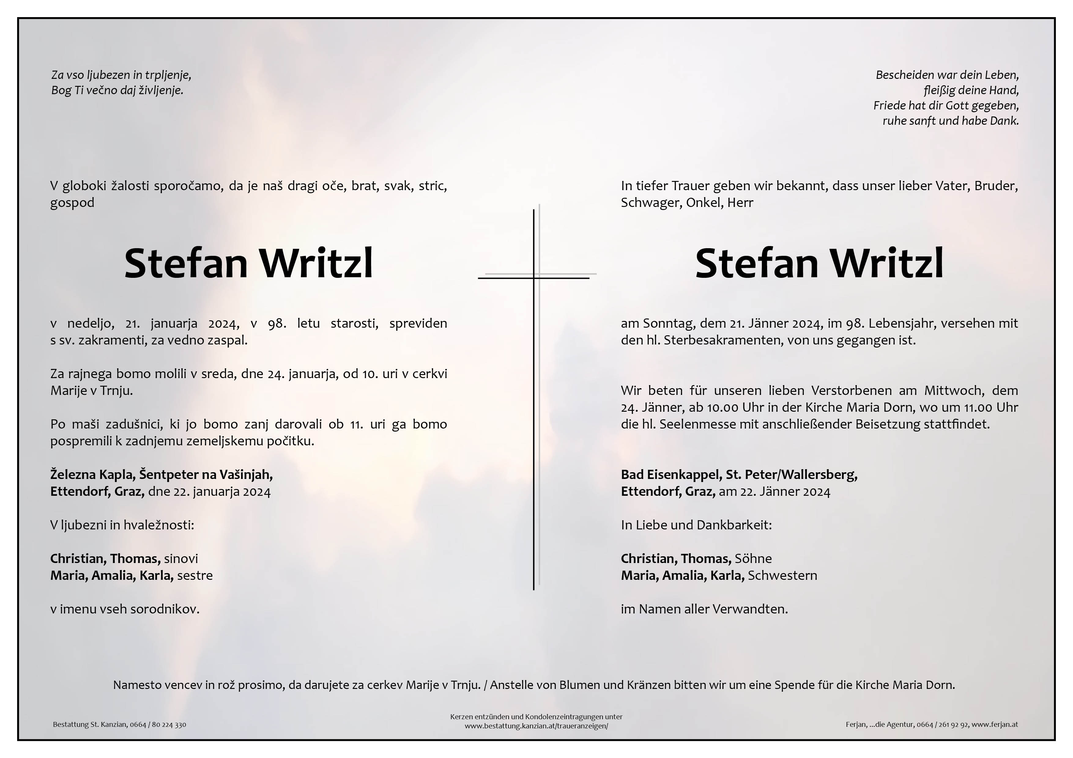 Traueranzeige von Stefan Writzl