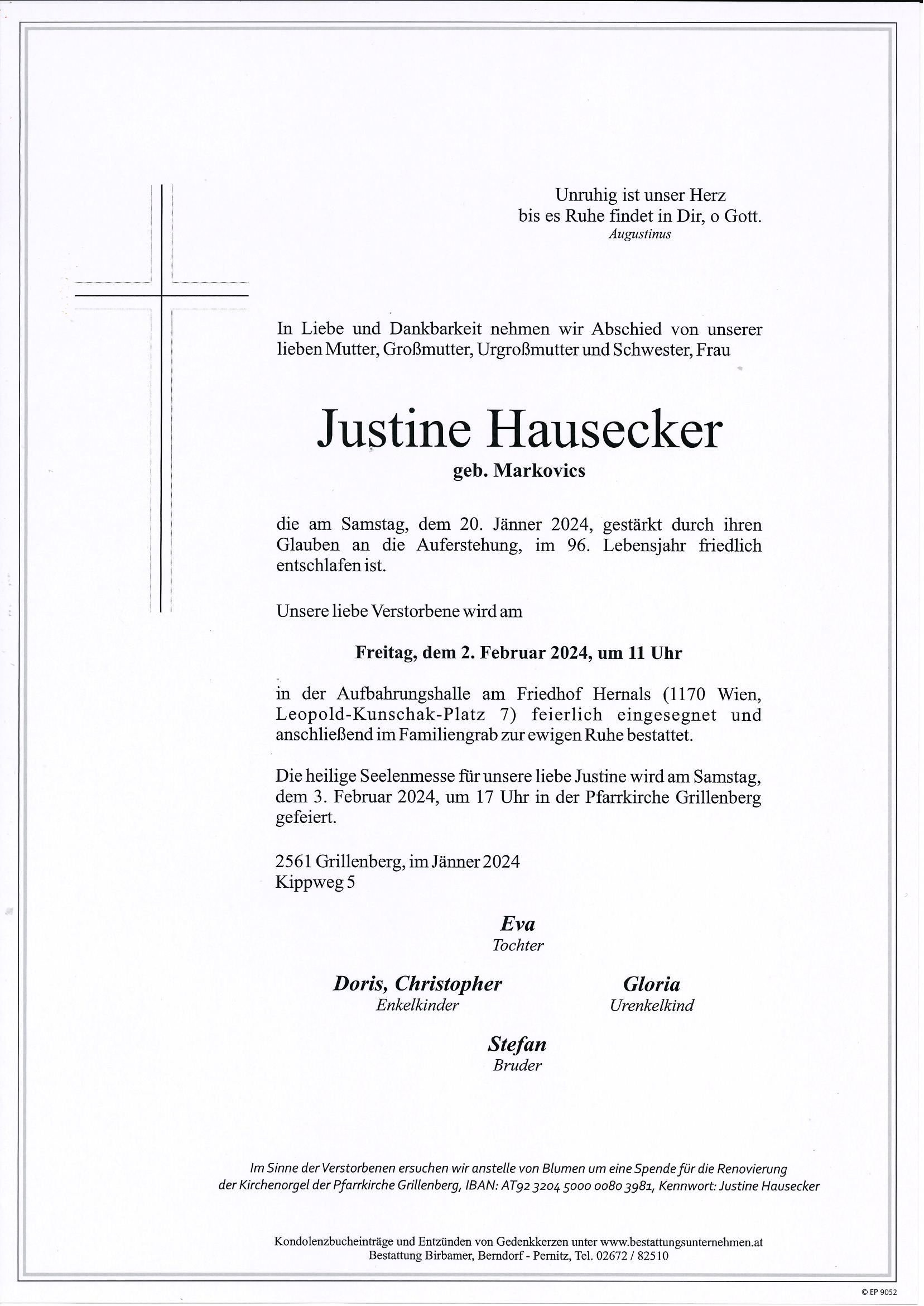 Traueranzeige von Justine Hausecker