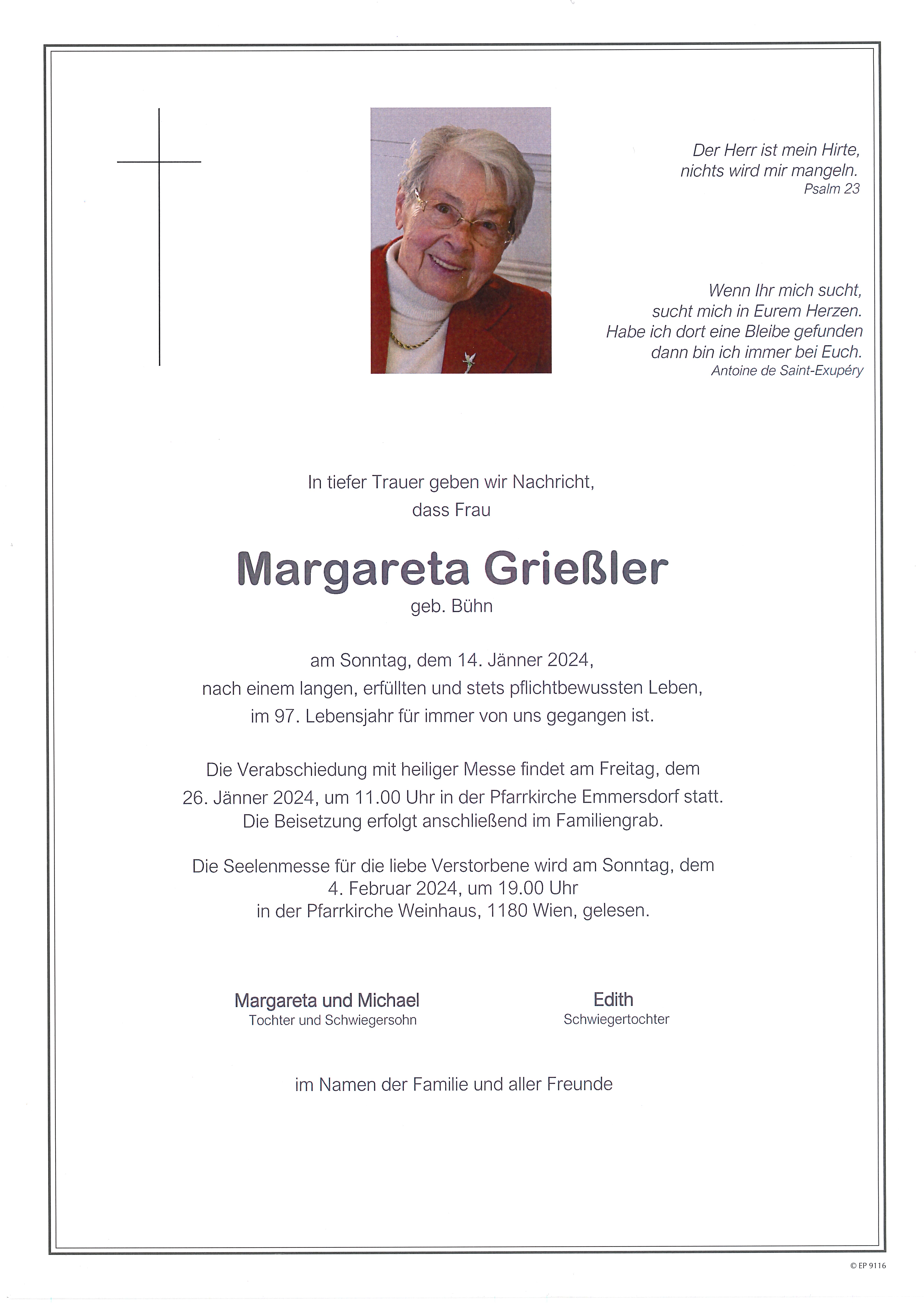 Traueranzeige von Margareta Grießler