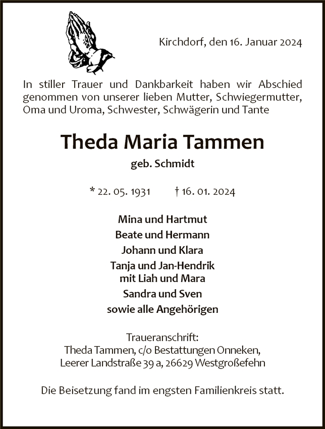 Traueranzeige von Theda Tammen