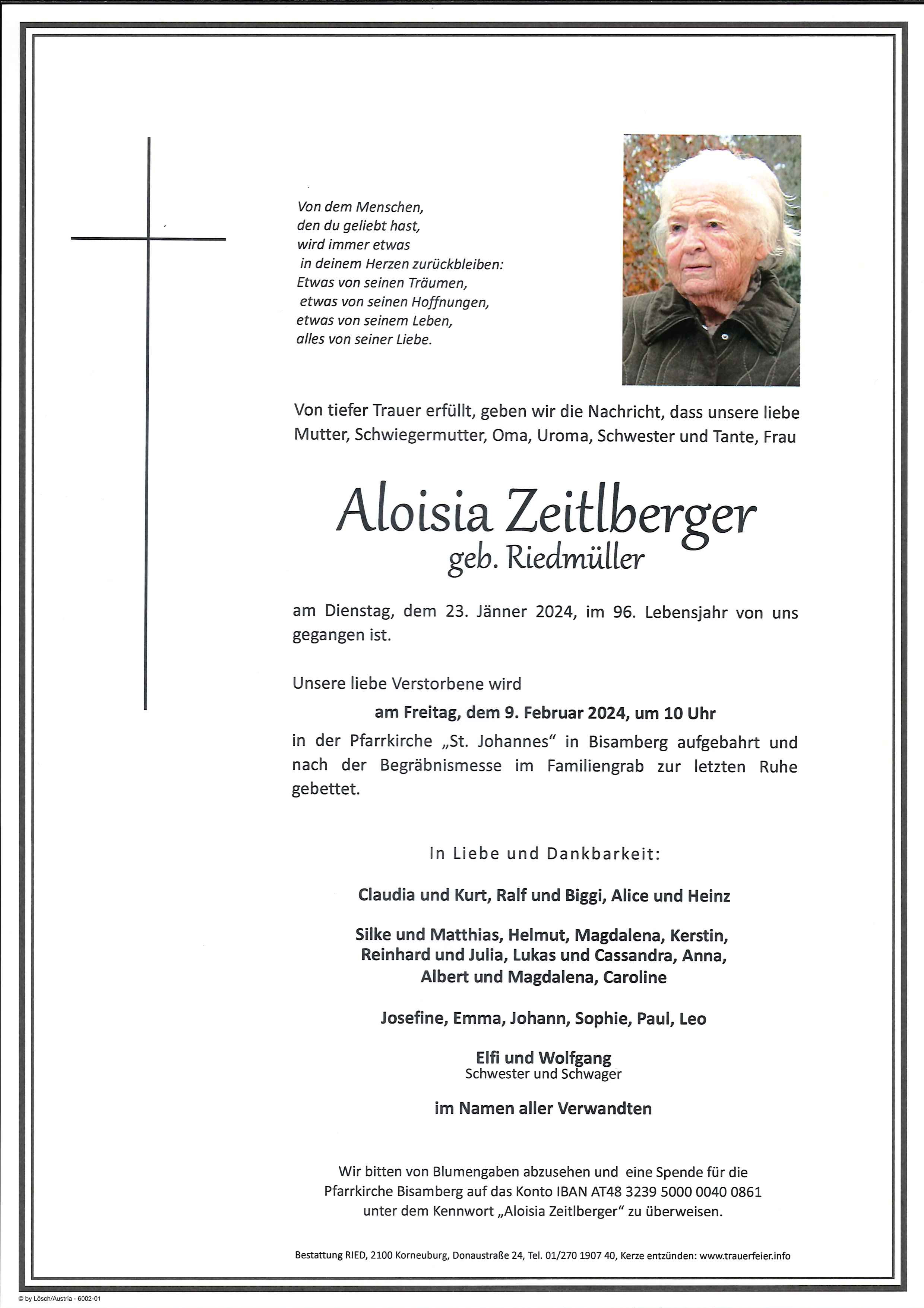 Traueranzeige von Aloisia Zeitlberger