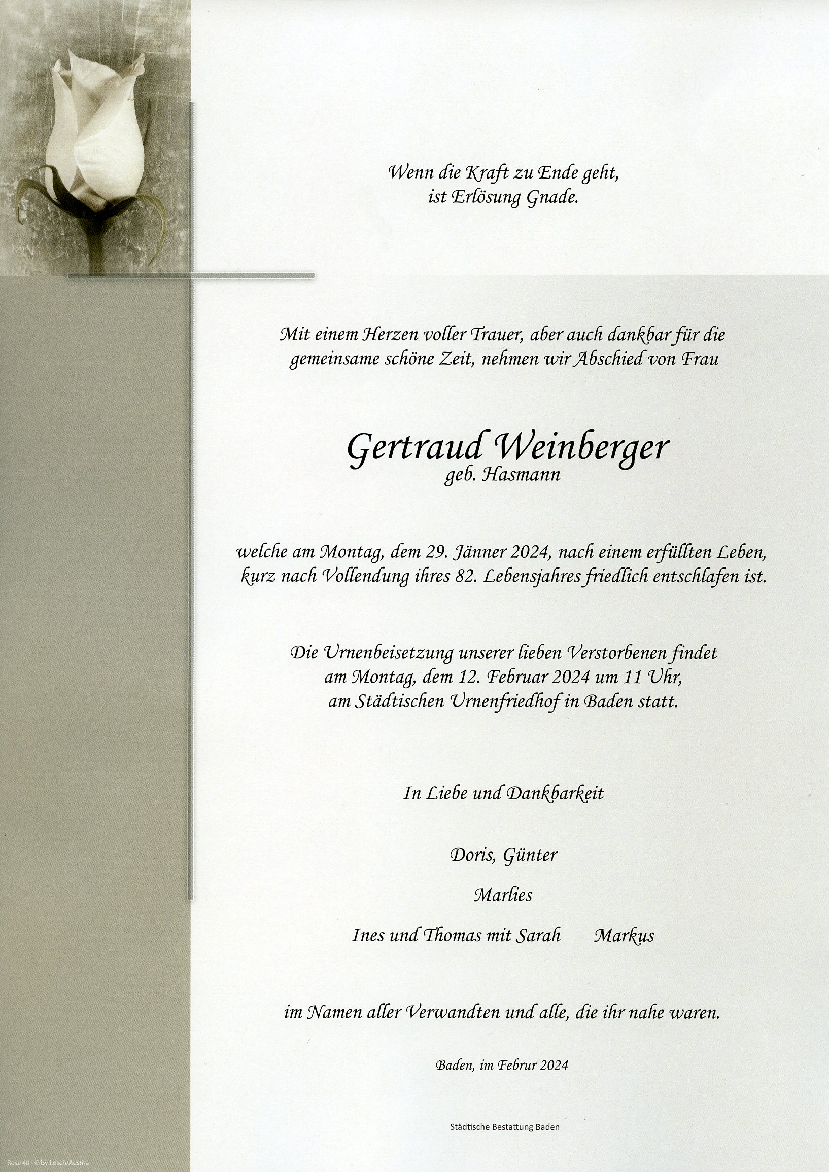 Traueranzeige von Gertraud Weinberger