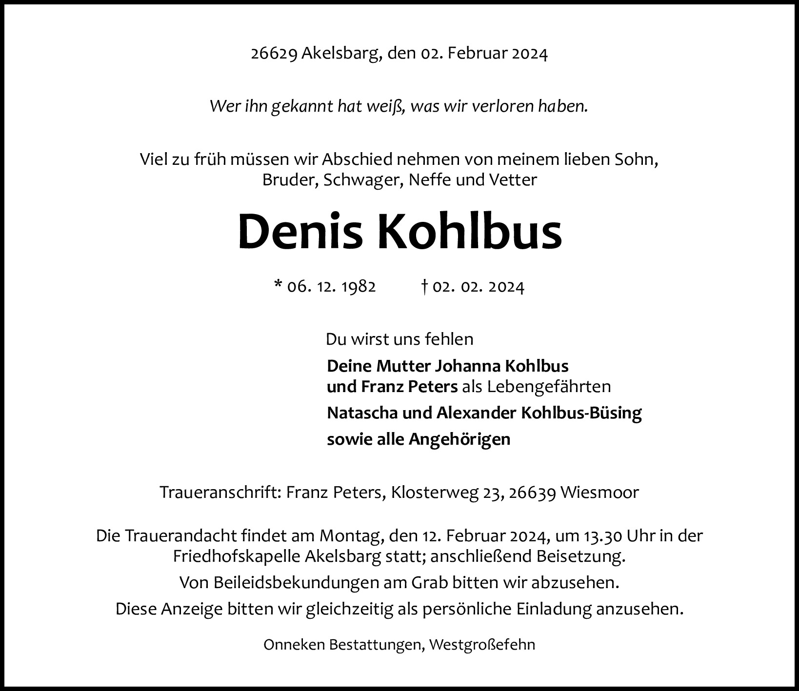 Traueranzeige von Denis Kohlbus