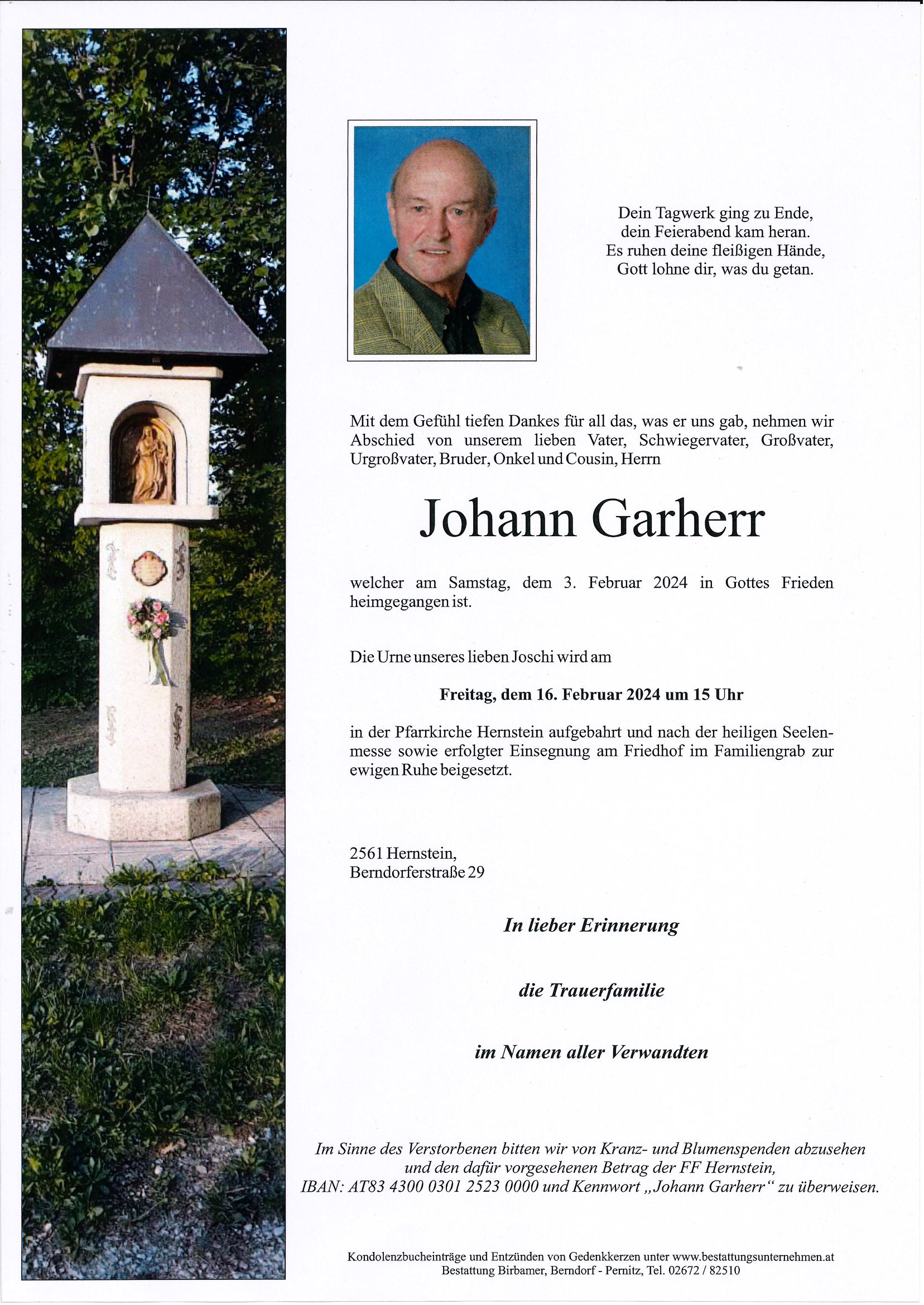 Traueranzeige von Garherr Johann