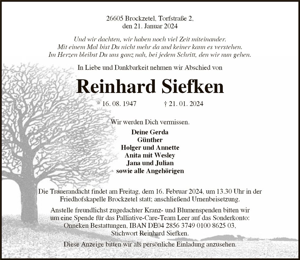 Traueranzeige von Reinhard Siefken
