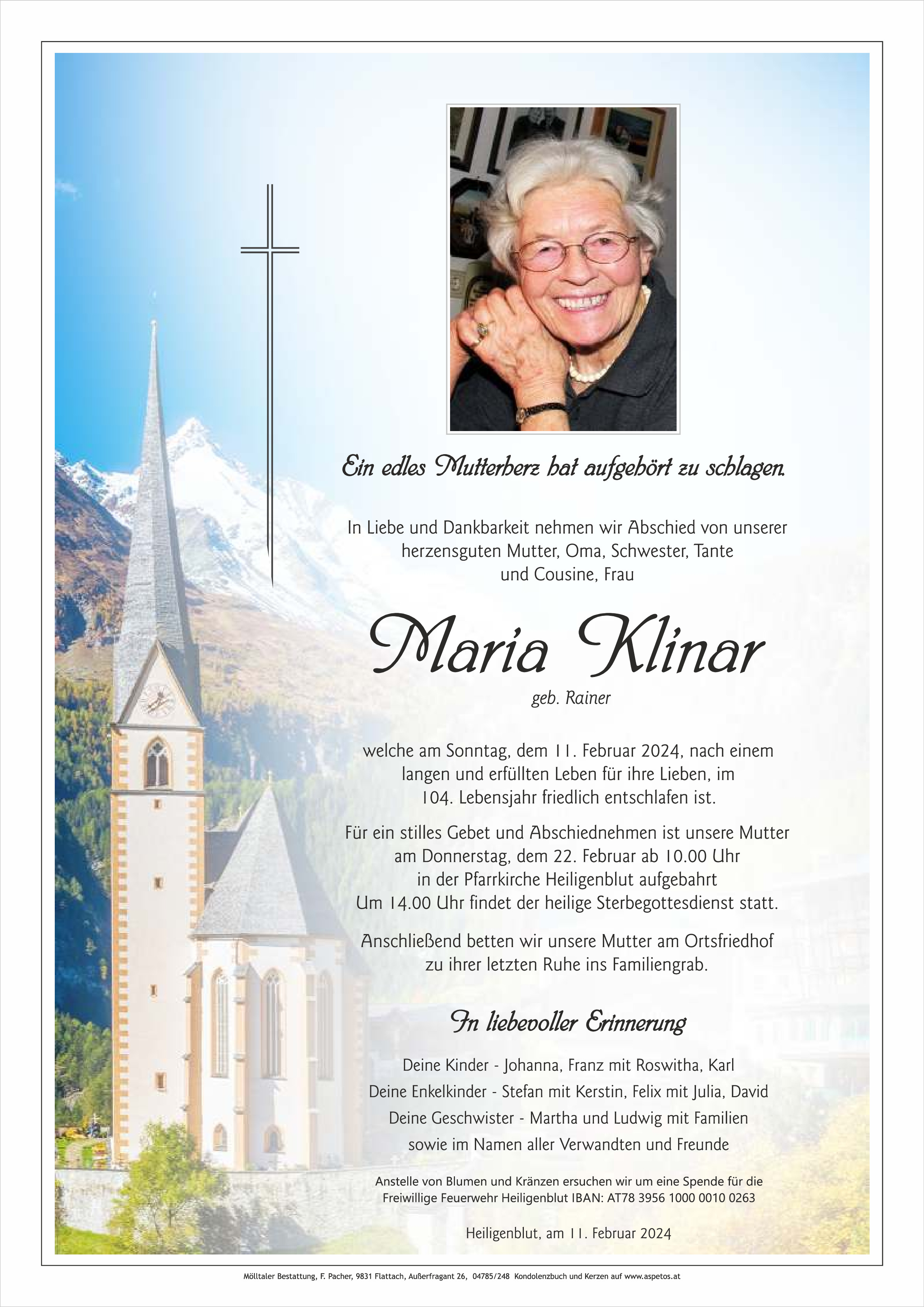 Traueranzeige von Maria Klinar