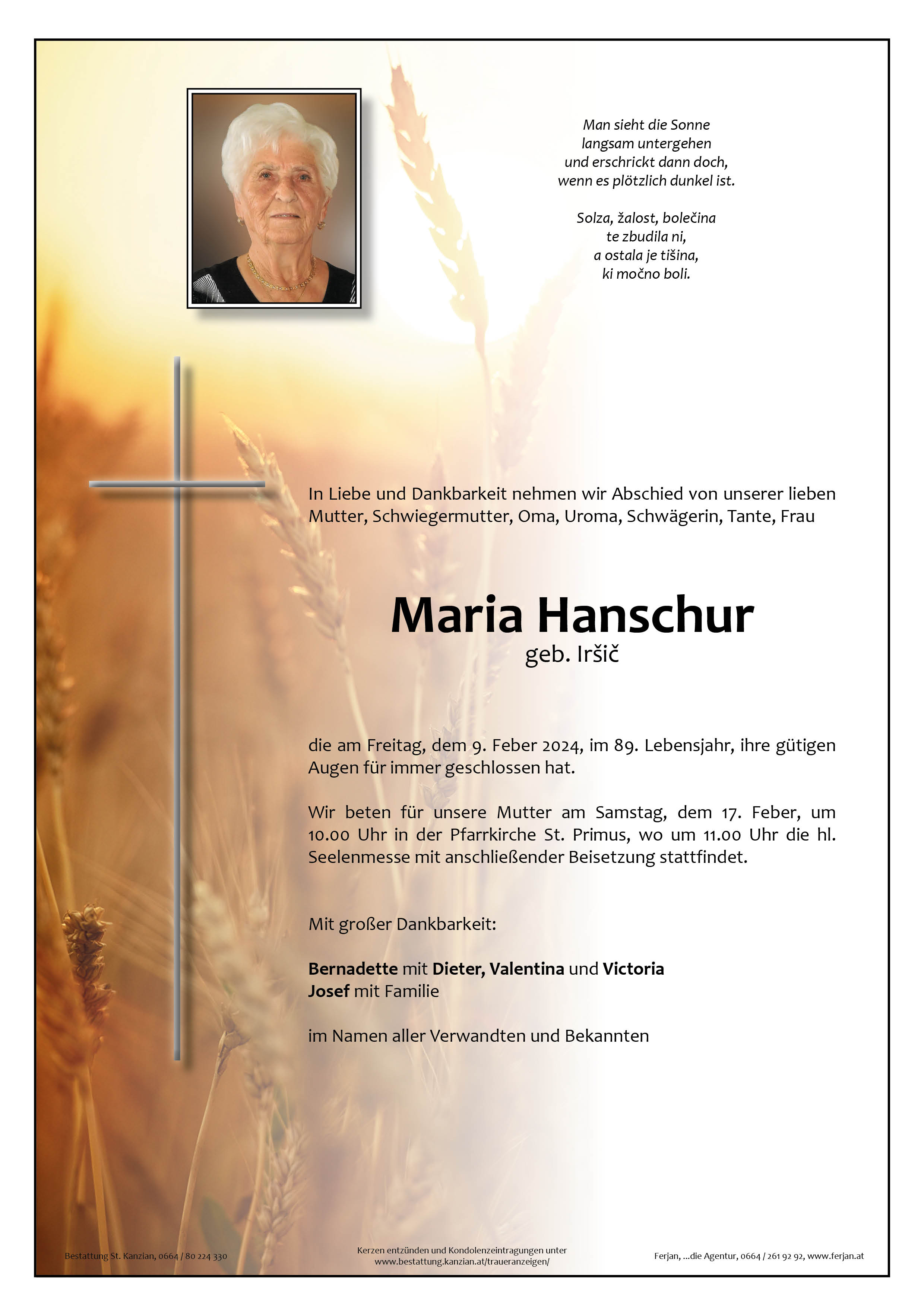 Traueranzeige von Maria Hanschur