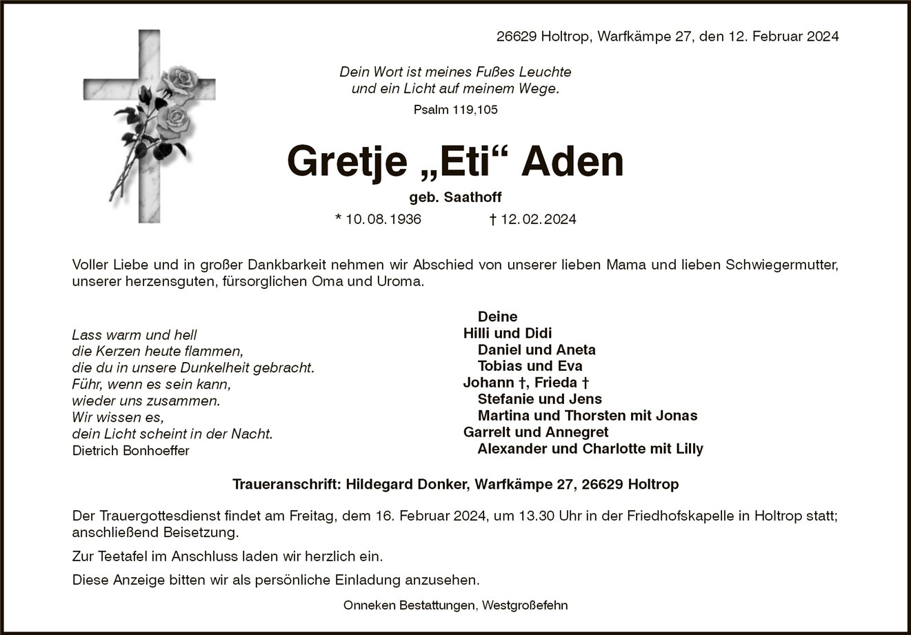 Traueranzeige von Gretje Aden