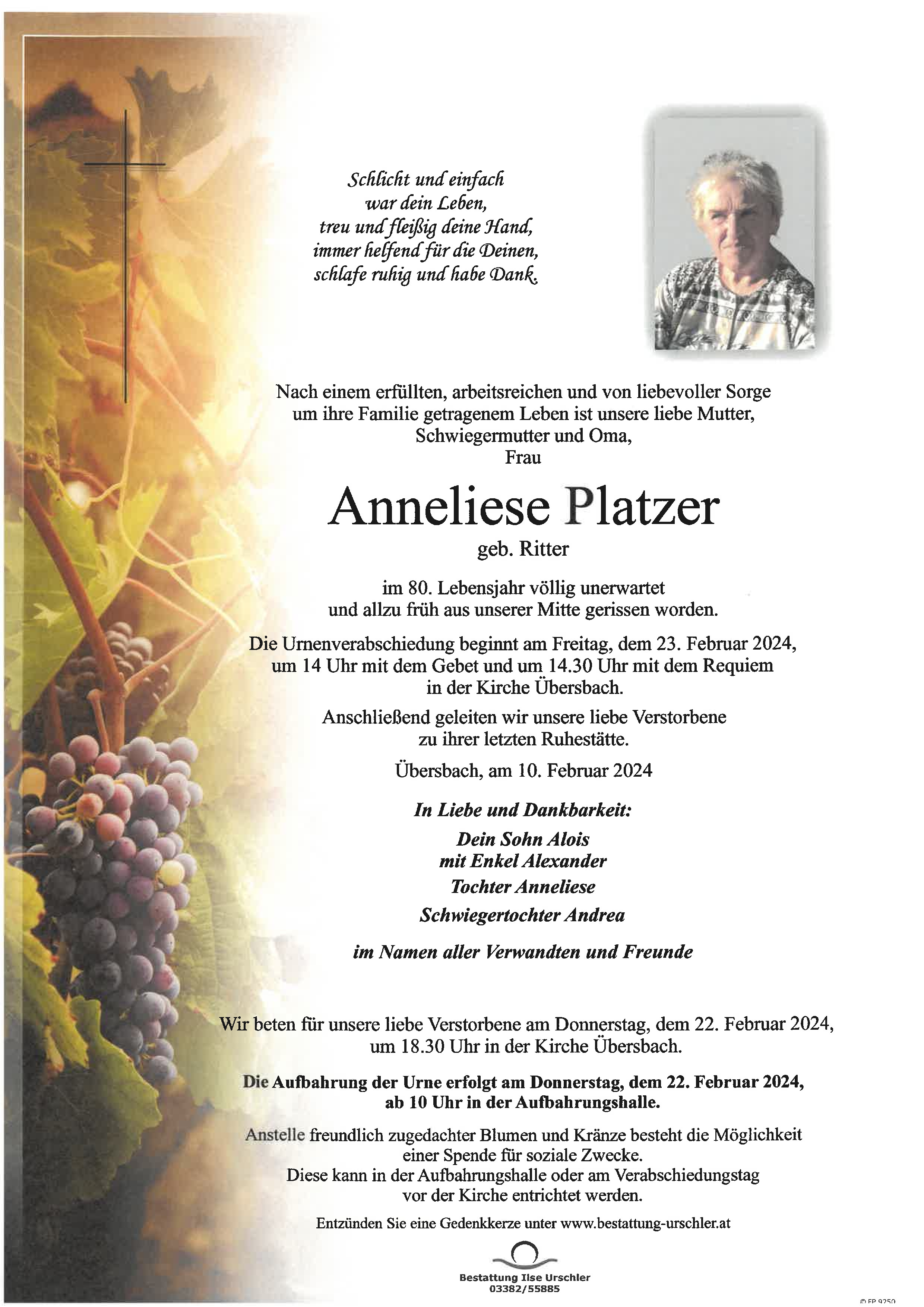 Traueranzeige von Anneliese Platzer