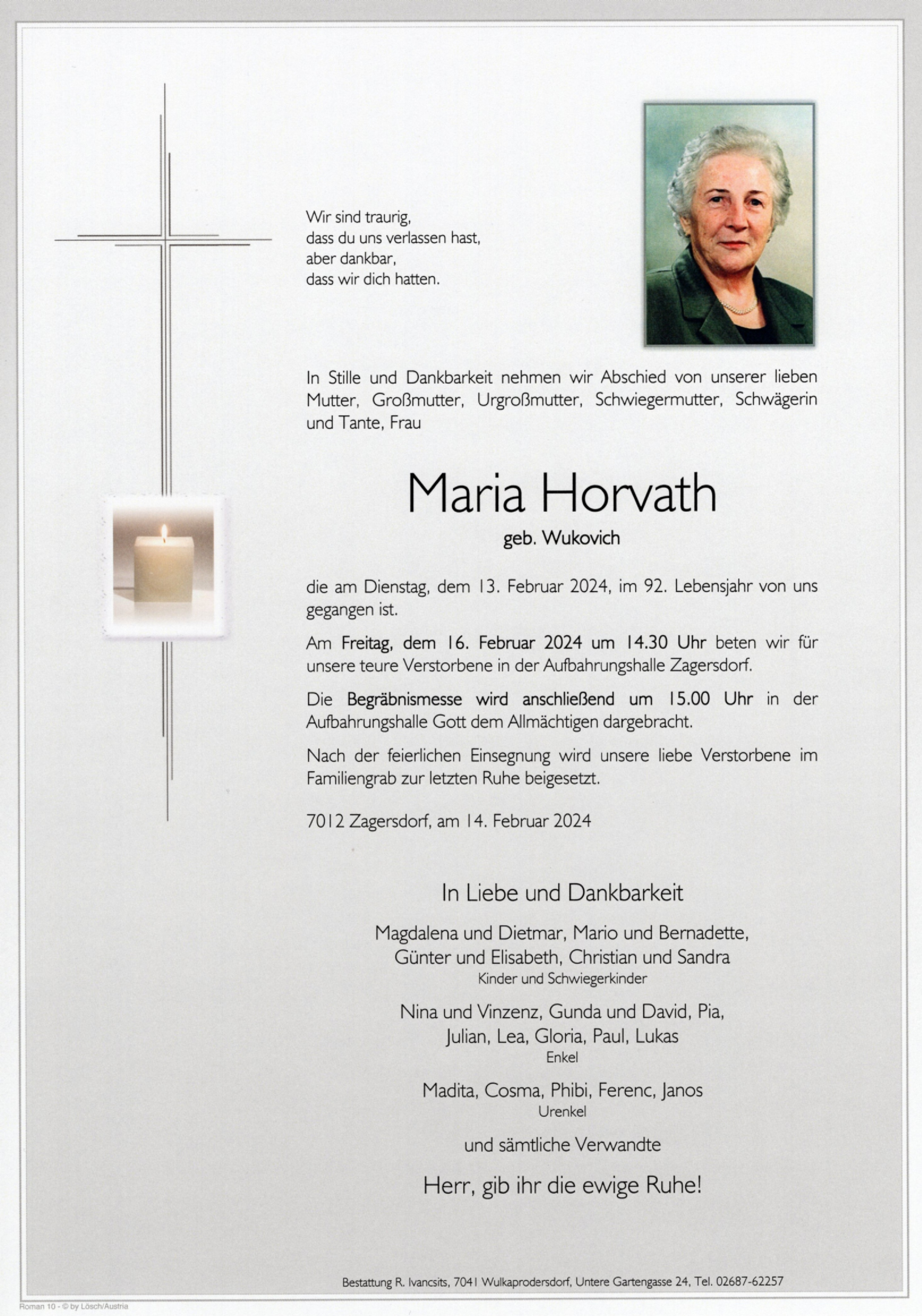 Traueranzeige von Maria Horvath