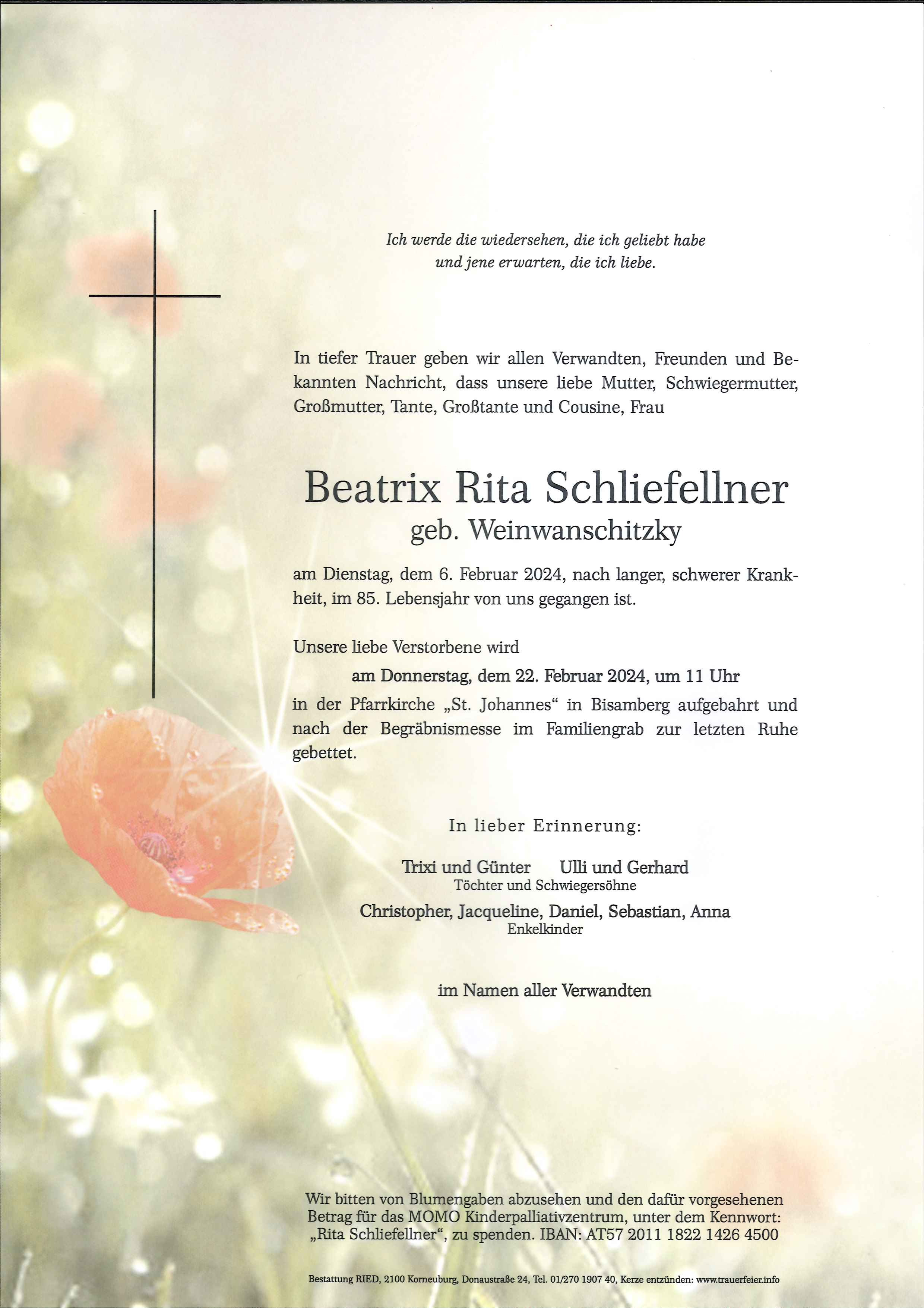 Traueranzeige von Beatrix Rita Schliefellner