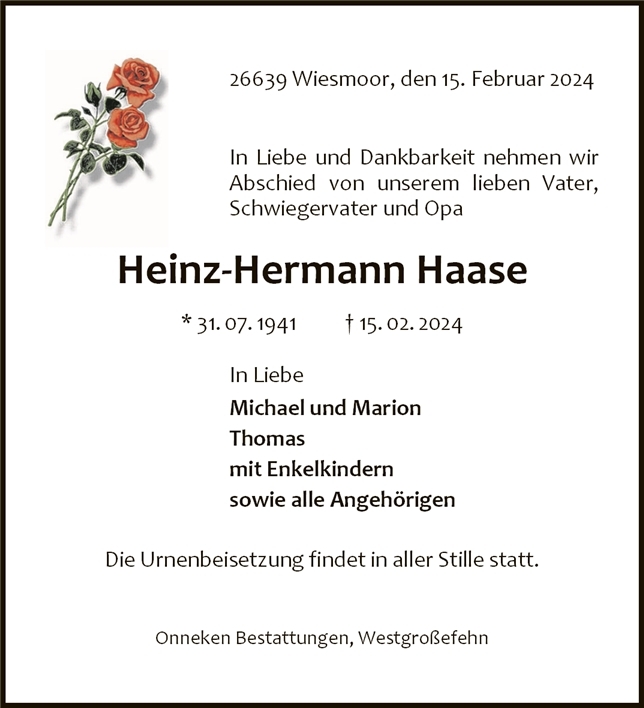 Traueranzeige von Heinz-Hermann Haase