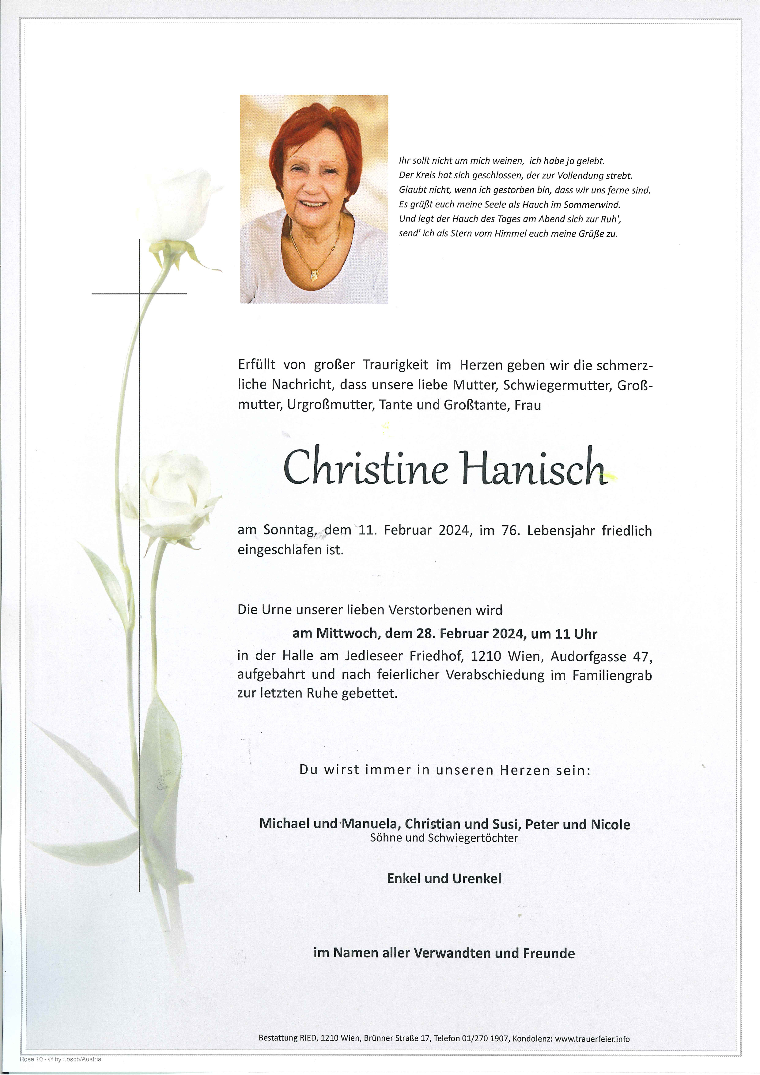 Traueranzeige von Christine Hanisch