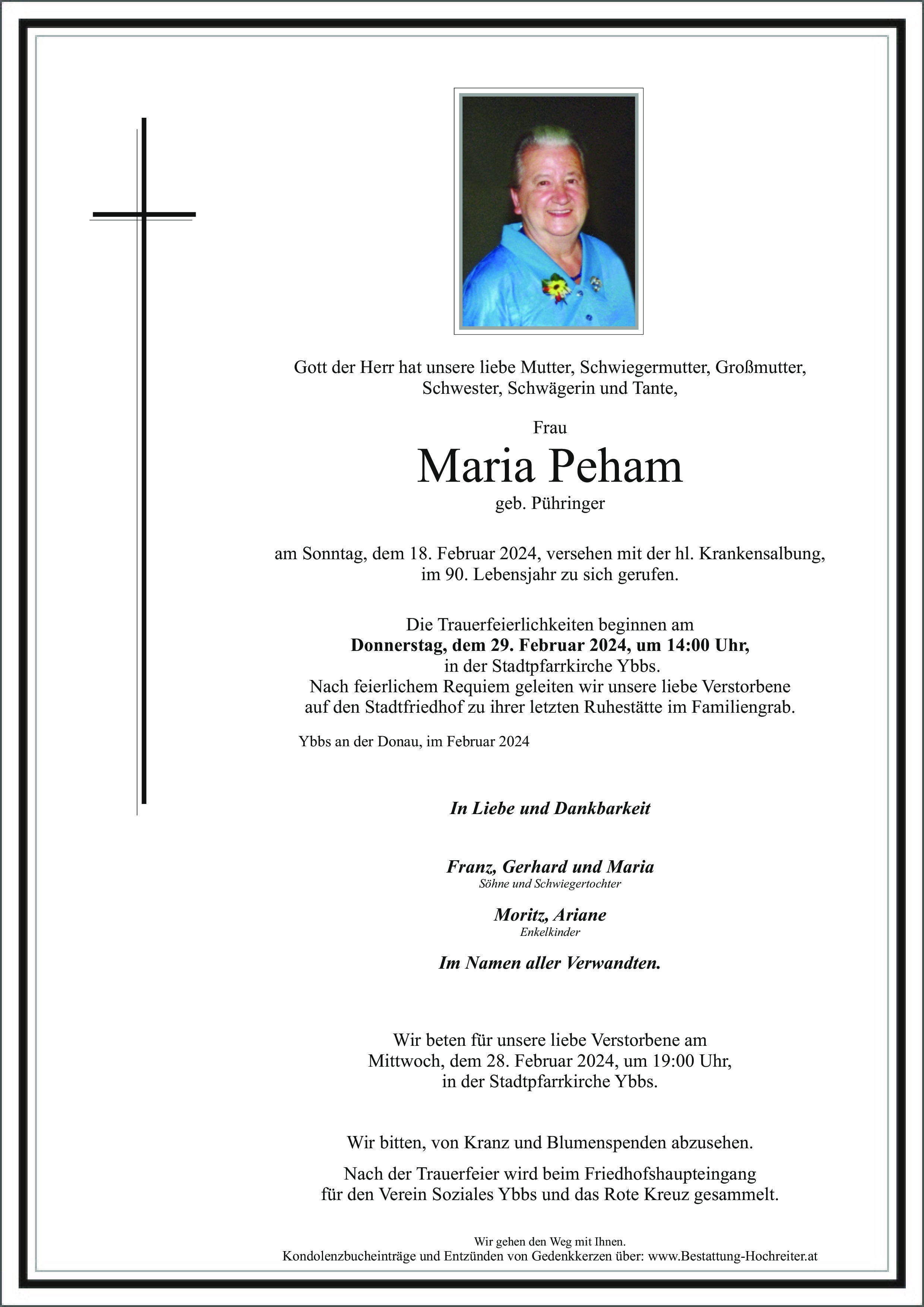 Traueranzeige von Maria Peham