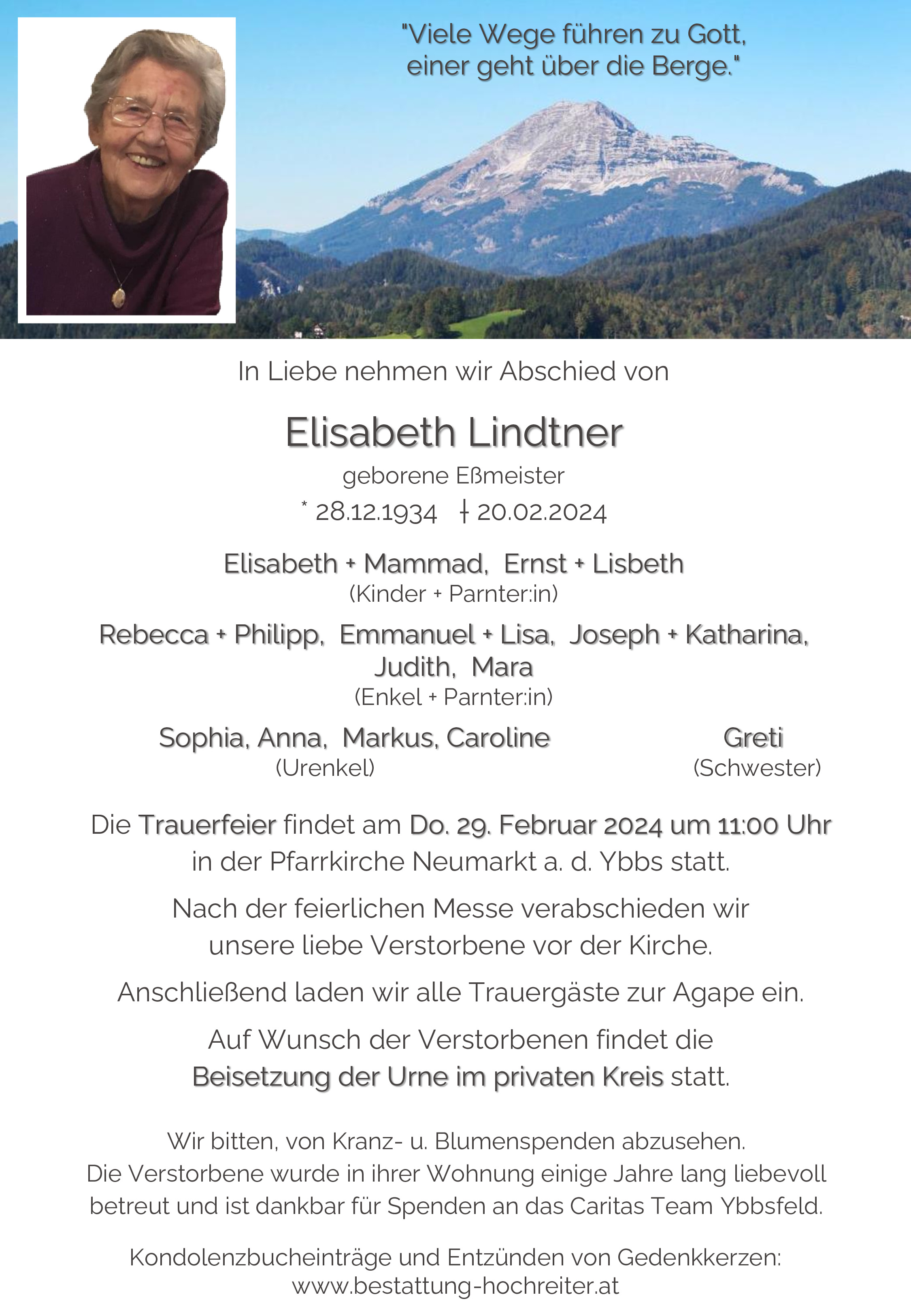 Traueranzeige von Elisabeth Lindtner