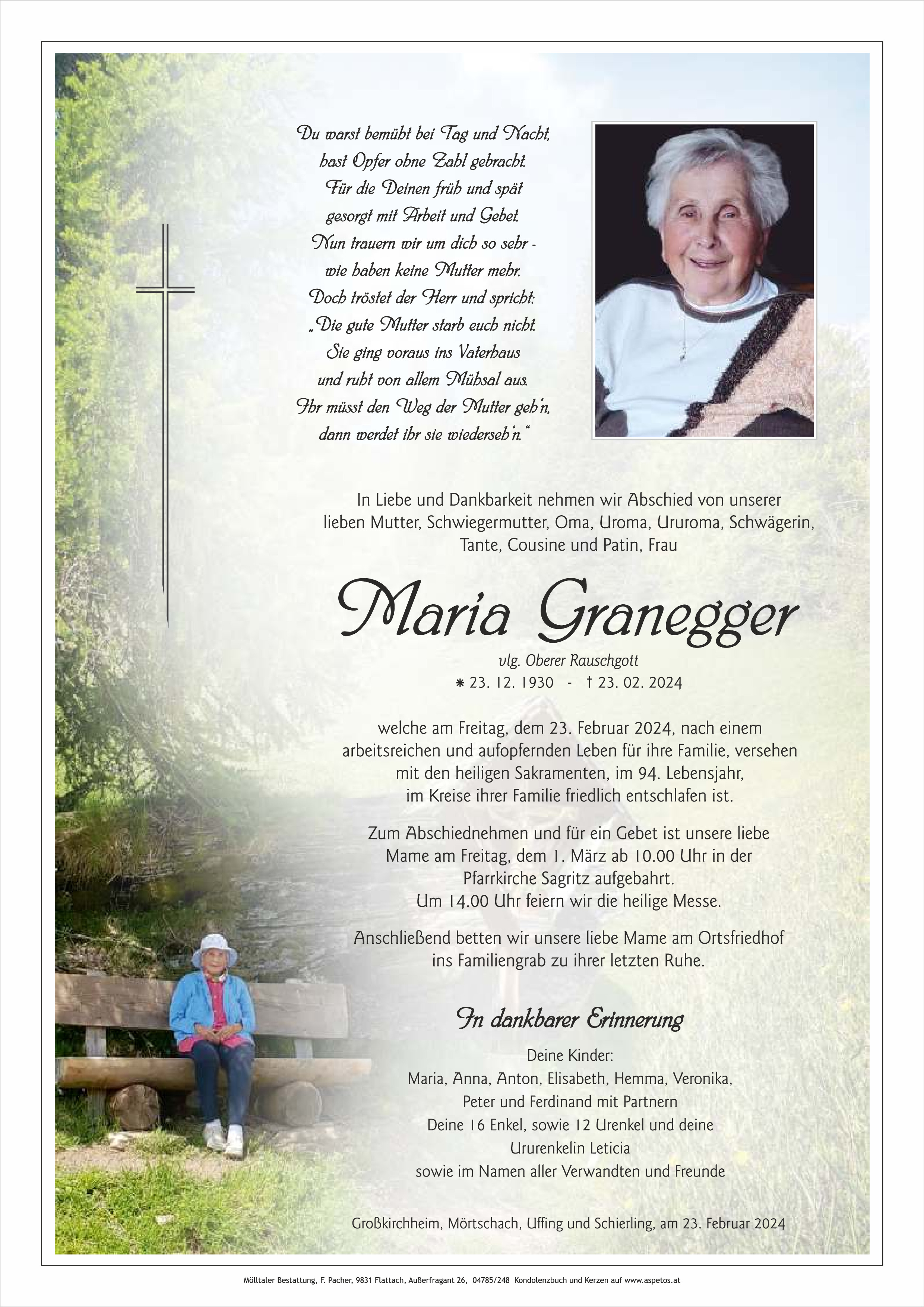 Traueranzeige von Maria Granegger