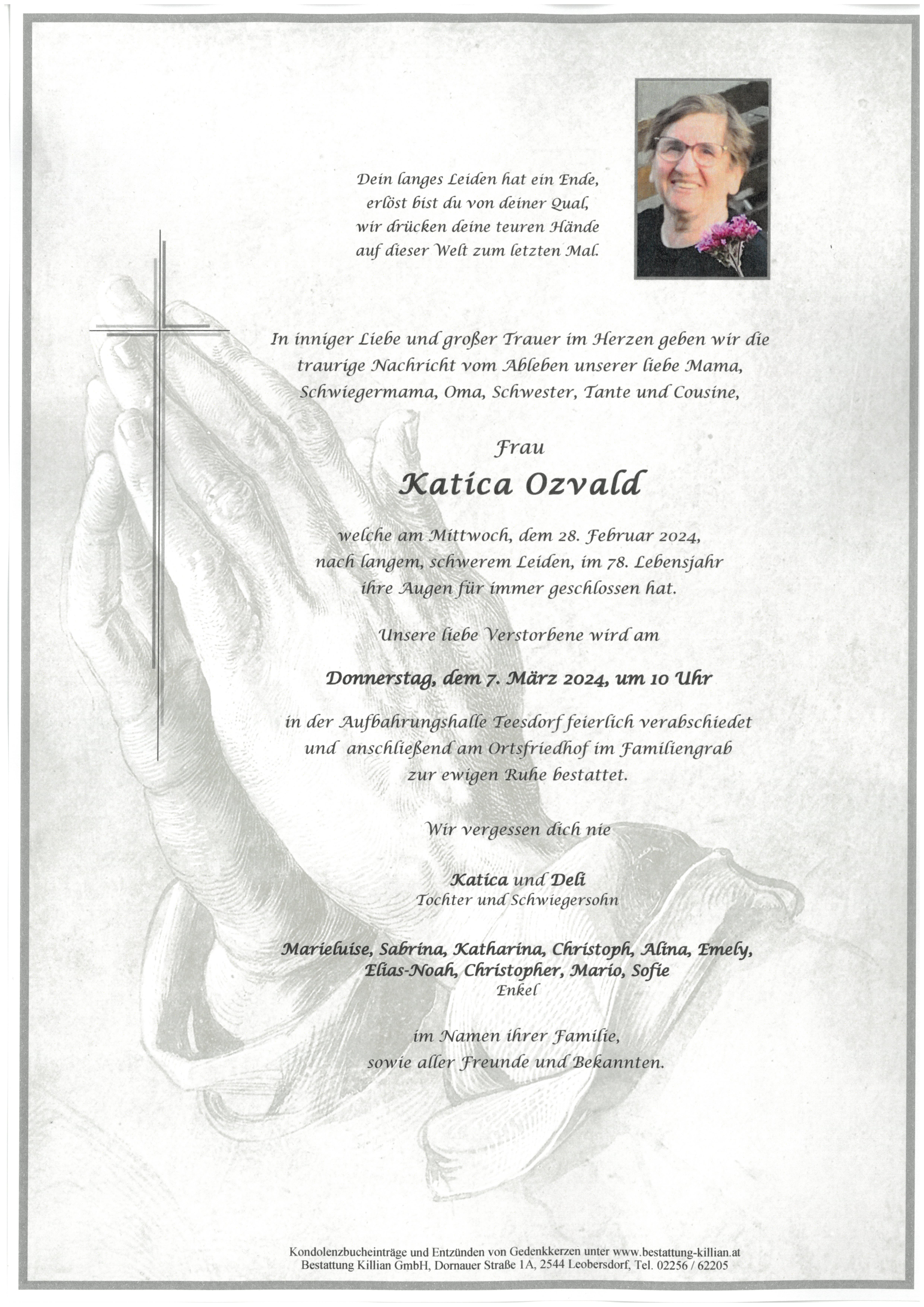 Traueranzeige von Katica Ozvald