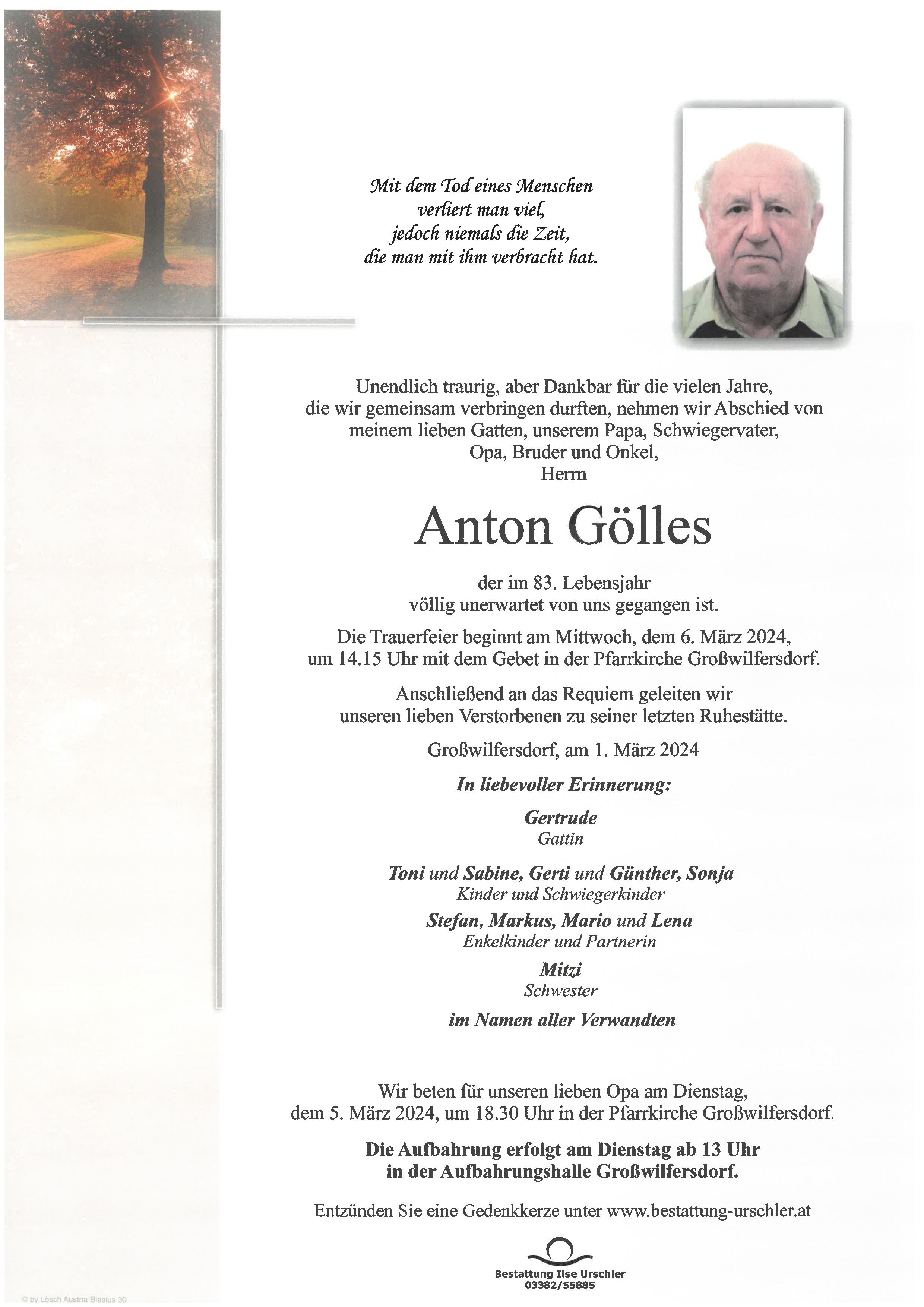 Traueranzeige von Anton Gölles